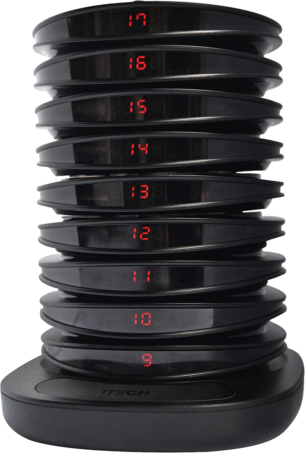 Stack of JTECH Coaster Pagers on charging base