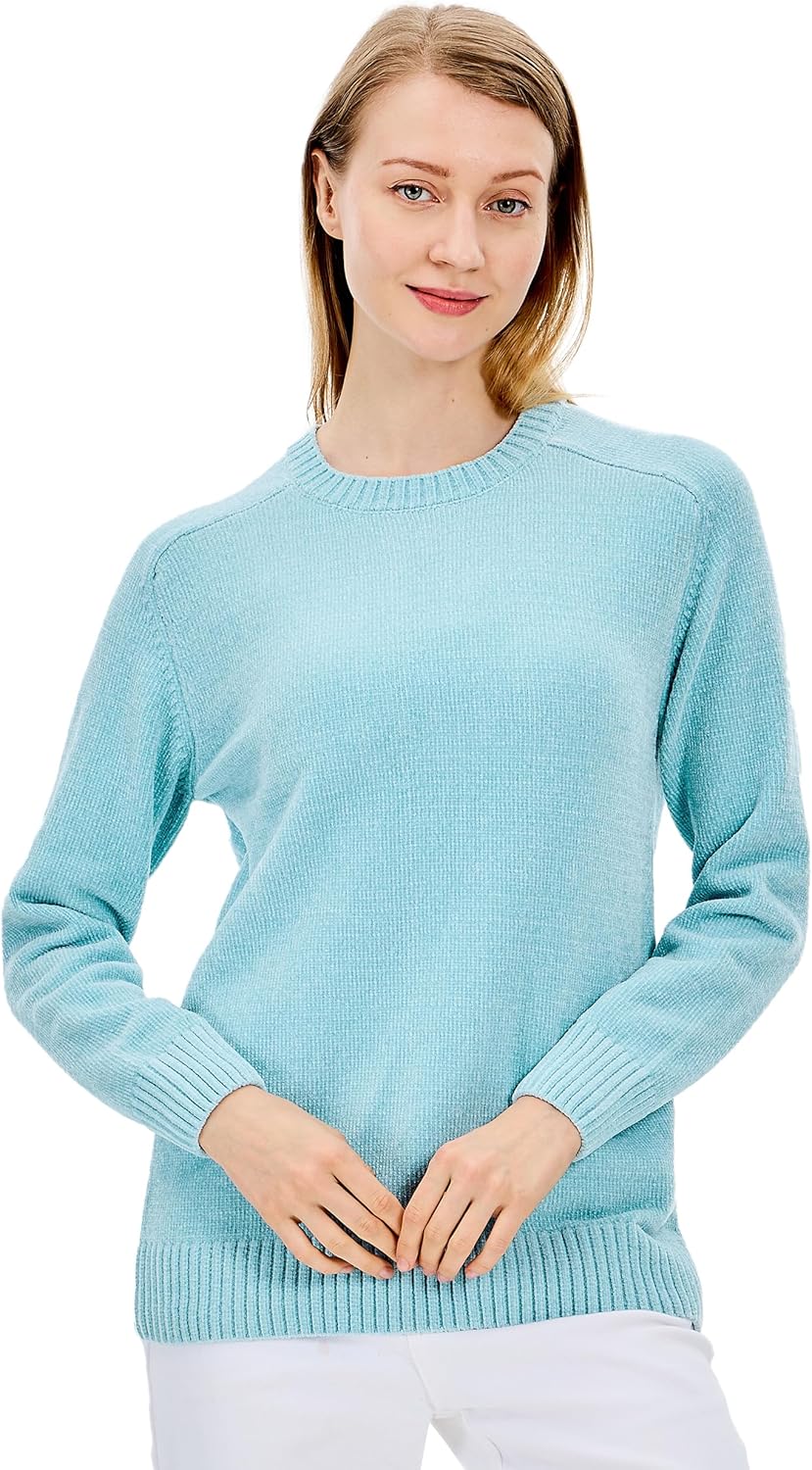 Simple&Opulence Women's Chenille Sweater Crewneck Long Sleeve Pullover Ribbed Cuff Hem Round Neck Jumper Tops