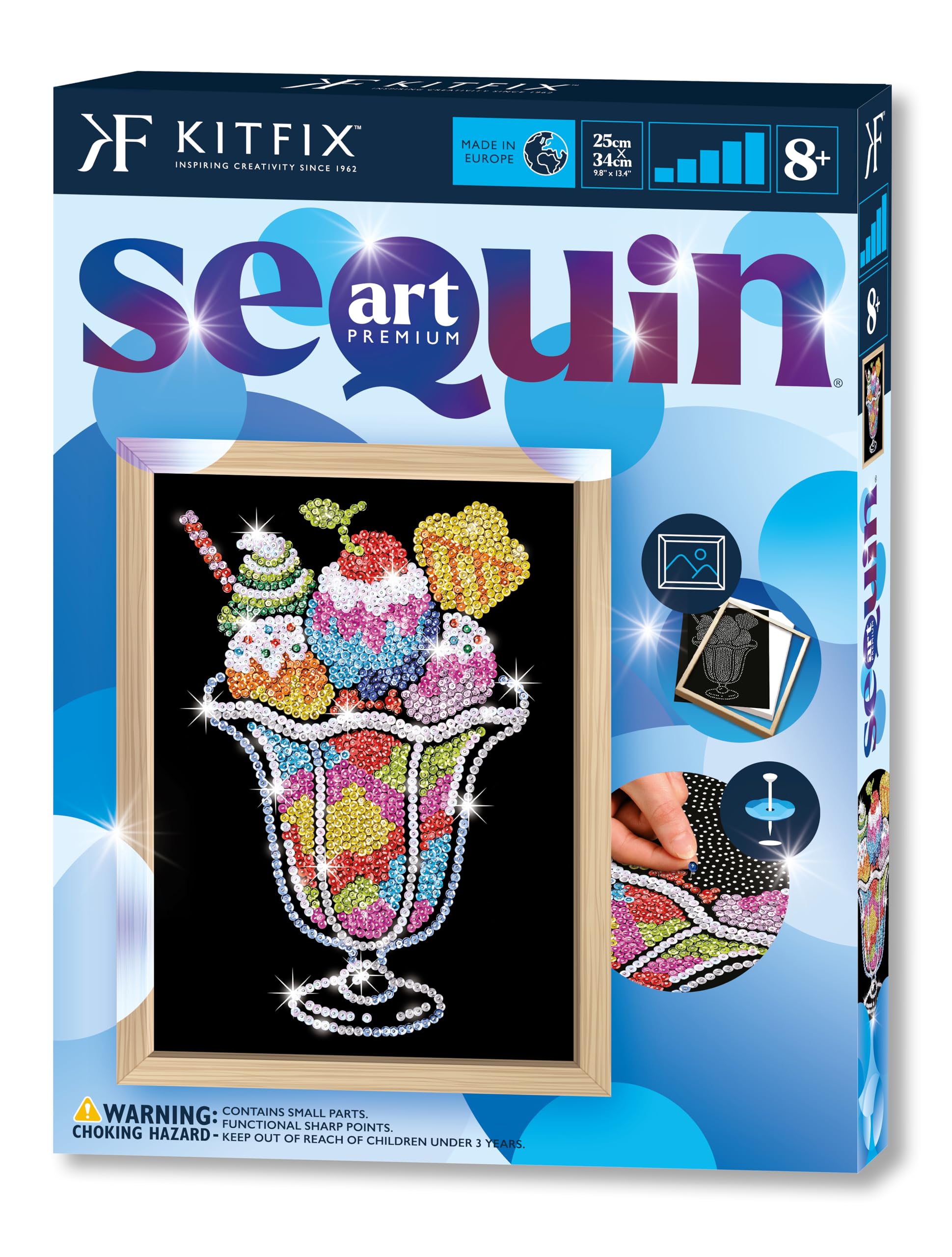 Kitfix - Sequin Art Ice Cream Sundae with Wooden Frame - 27 x 36cm - Sequin Art Blue Premium - Creative Set - Craft Kit for Adults, Teenagers and Children Aged 8+ - 1305