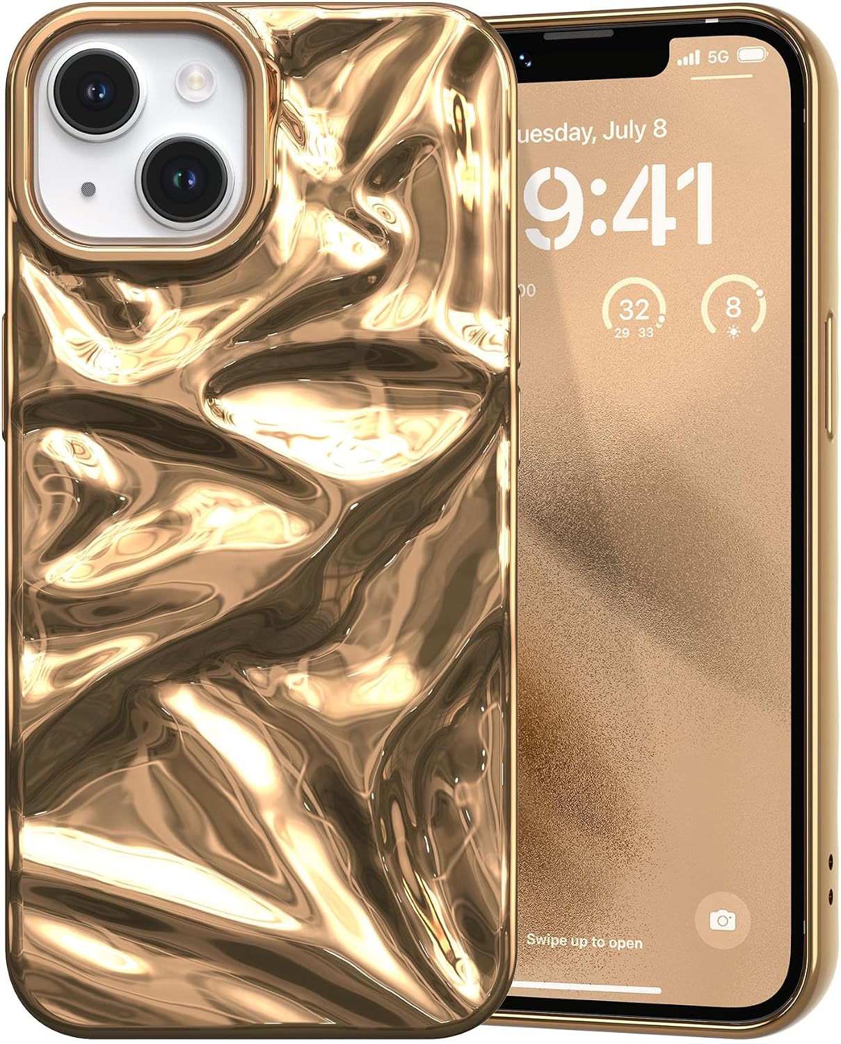 ZCDAYE Glossy Water Ripple Case for iPhone 13/14, Electric Gold