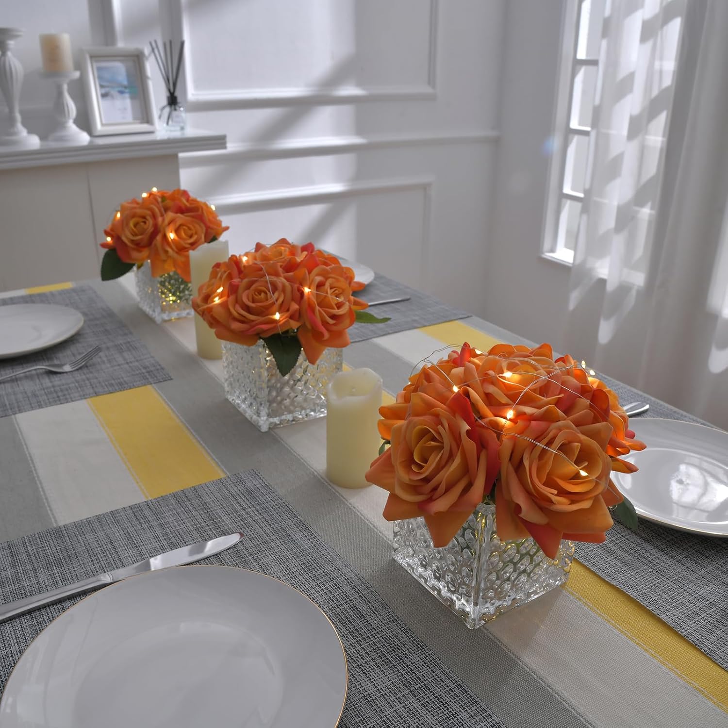 Fule Artificial Silk Rose Flower Centerpiece Arrangement in Glass Vase with LED Light for Home Wedding Decoration (Orange) - Image 4