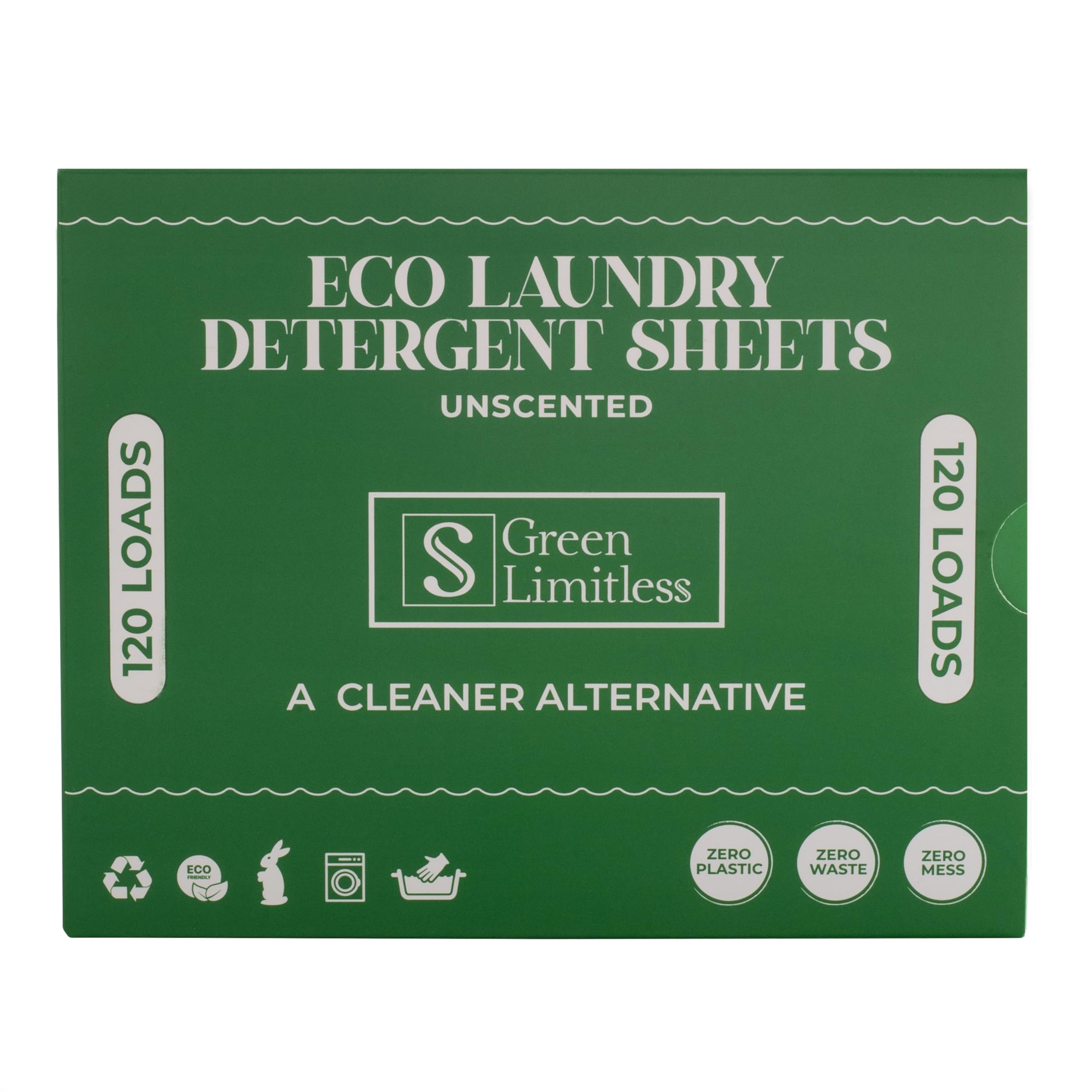 Green Limitless Eco Laundry Detergent 120 Sheets (Loads) Unscented. All the benefits of a liquid detergent, washing powder, or washing pods without any of the drawbacks.