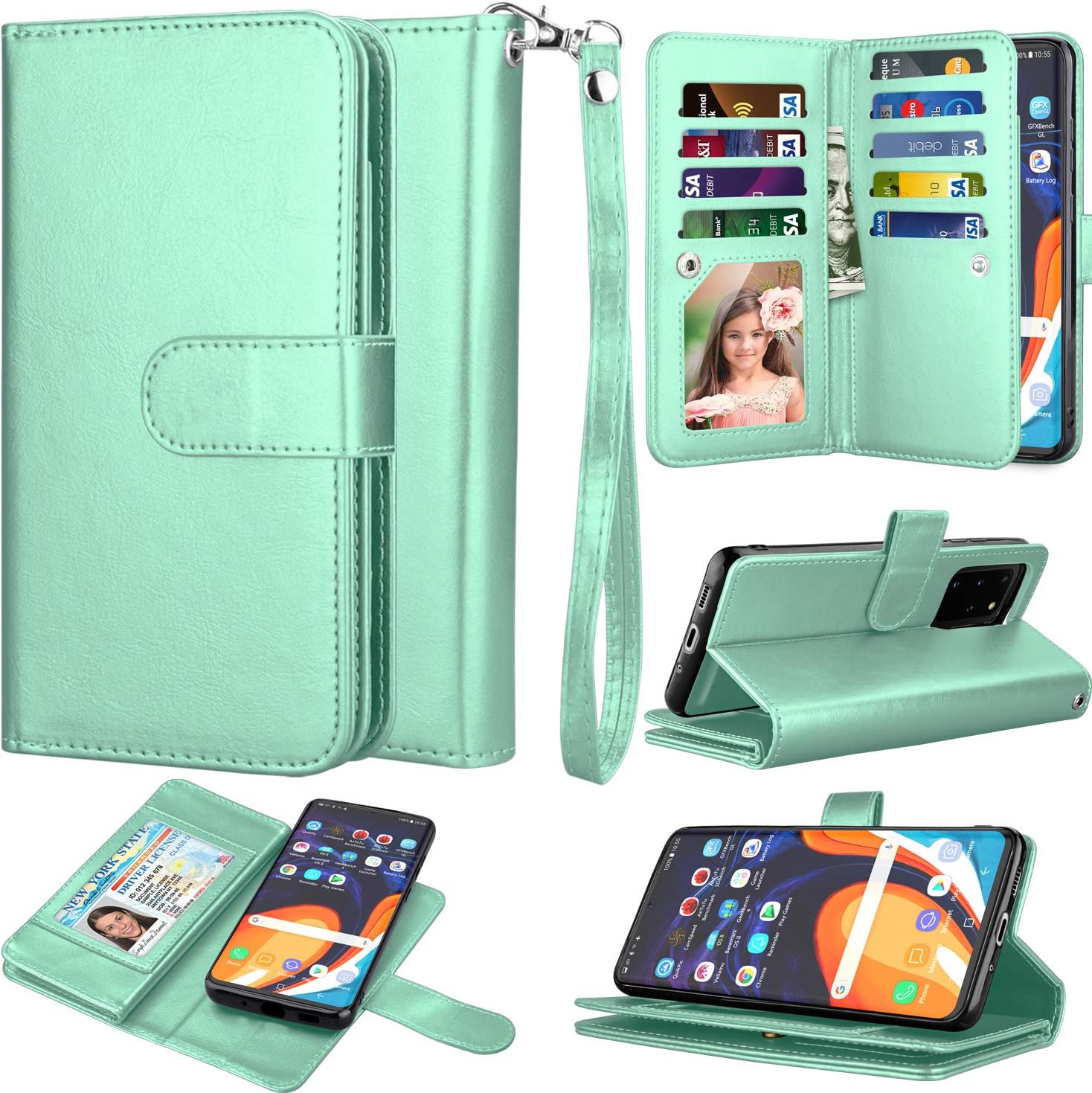 Takfox Galaxy S20 Case, Galaxy S20 Wallet Phone Case 6.2" PU Leather with 9 Card Slots ID Credit Card Holder Folio Flip Magnetic Detachable Phone Case & Wrist Strap for Samsung Galaxy S20-Turquoise