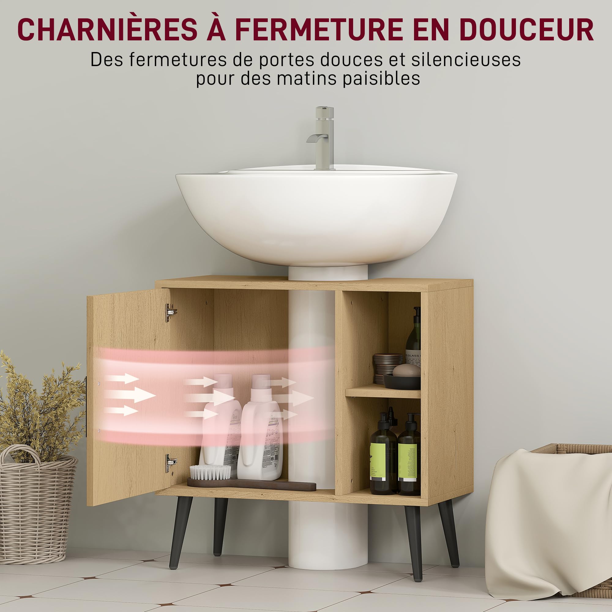 HOMCOM Meuble sous lavabo Salle de Bain, Meuble sous Vasque Industriel avec Porte à Fermeture Progressive et étagère réglable, 60 x 30 x 59,5 cm, chêne