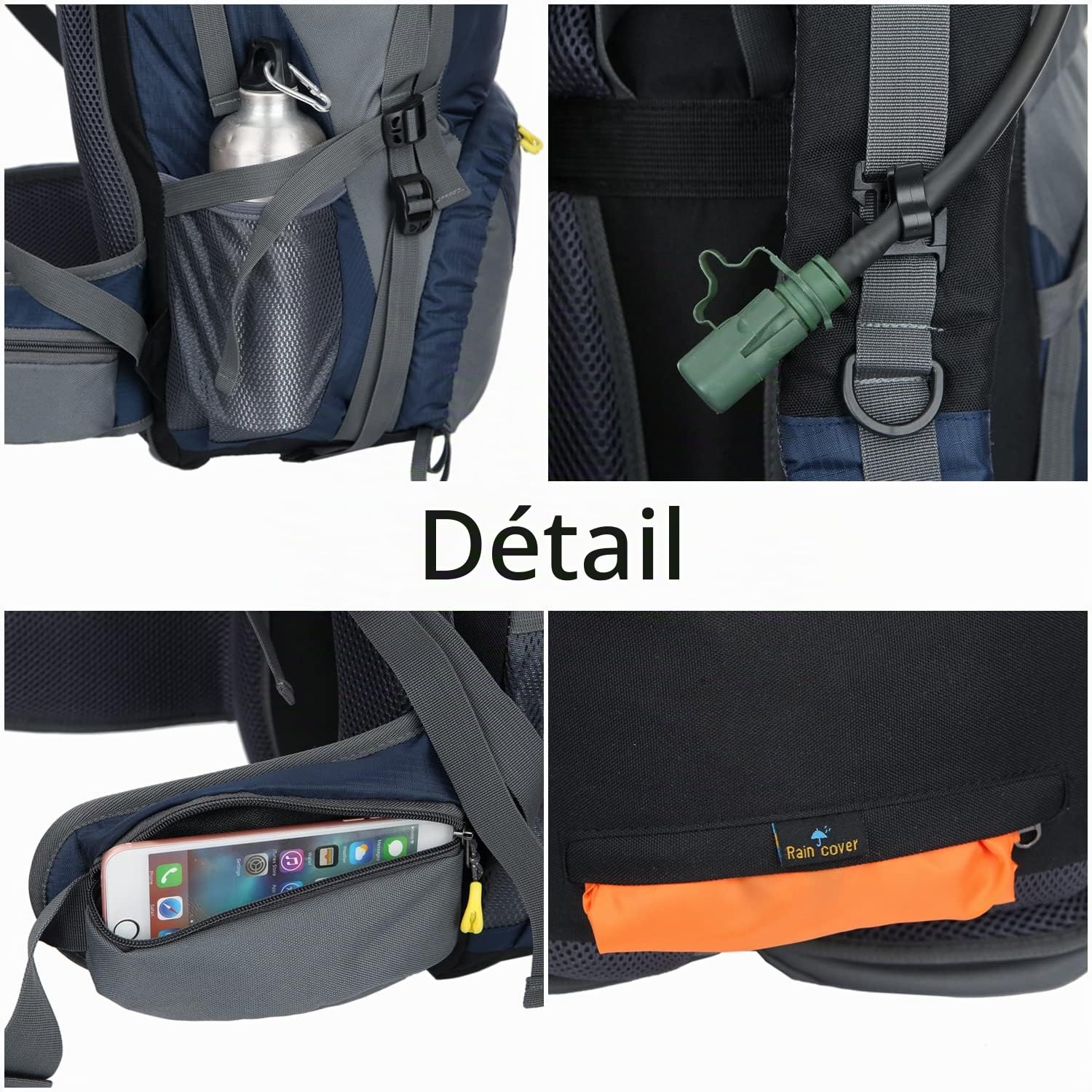 WoneNice Sac à dos de randonnée imperméable 50 l (45 + 5) - Sac à dos de sport d'extérieur avec housse de pluie