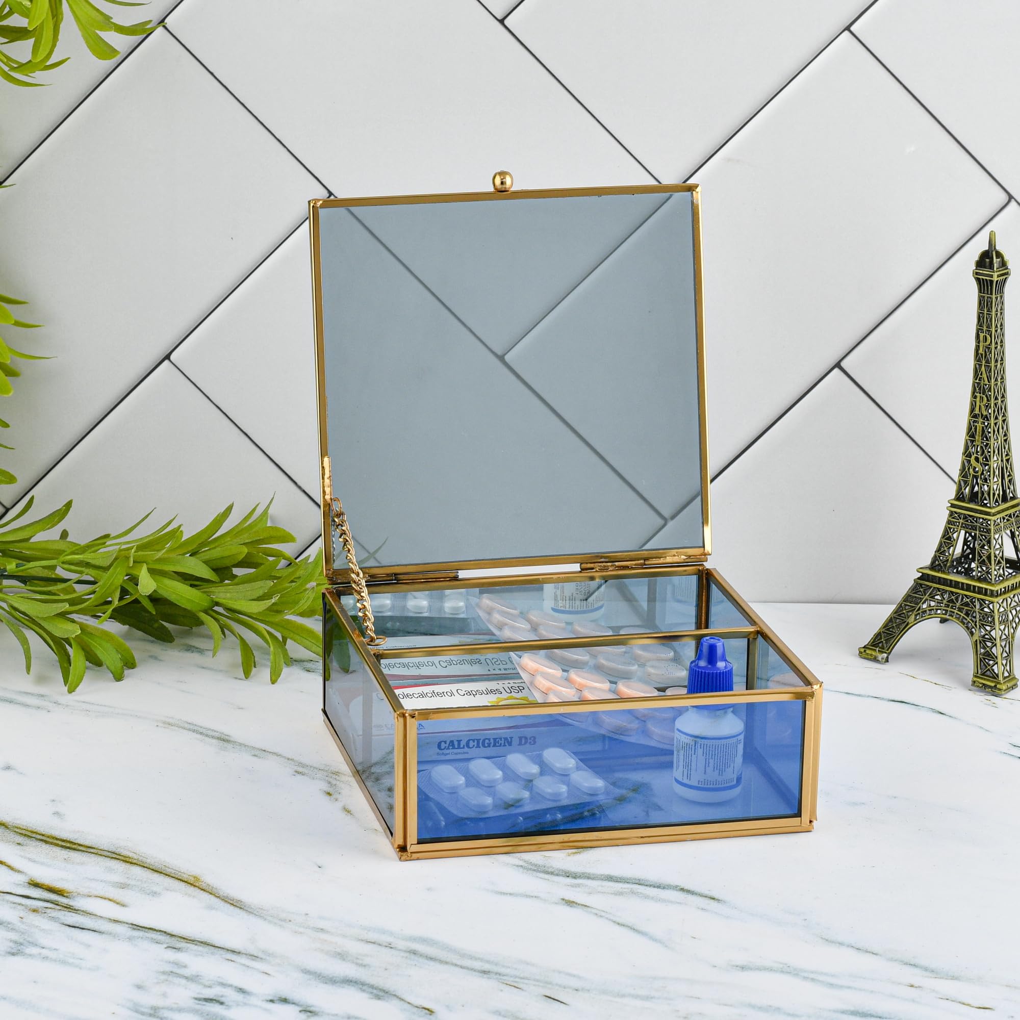 LamJum Blue Glass Medicine-cum-Jewellery Storage Box with 2 Compartments and Lid and Shiny Gold Plated Metal Rim Perfect Decor Accessory to Match Room Aesthetics [6x6x2.5 inches]-image-2
