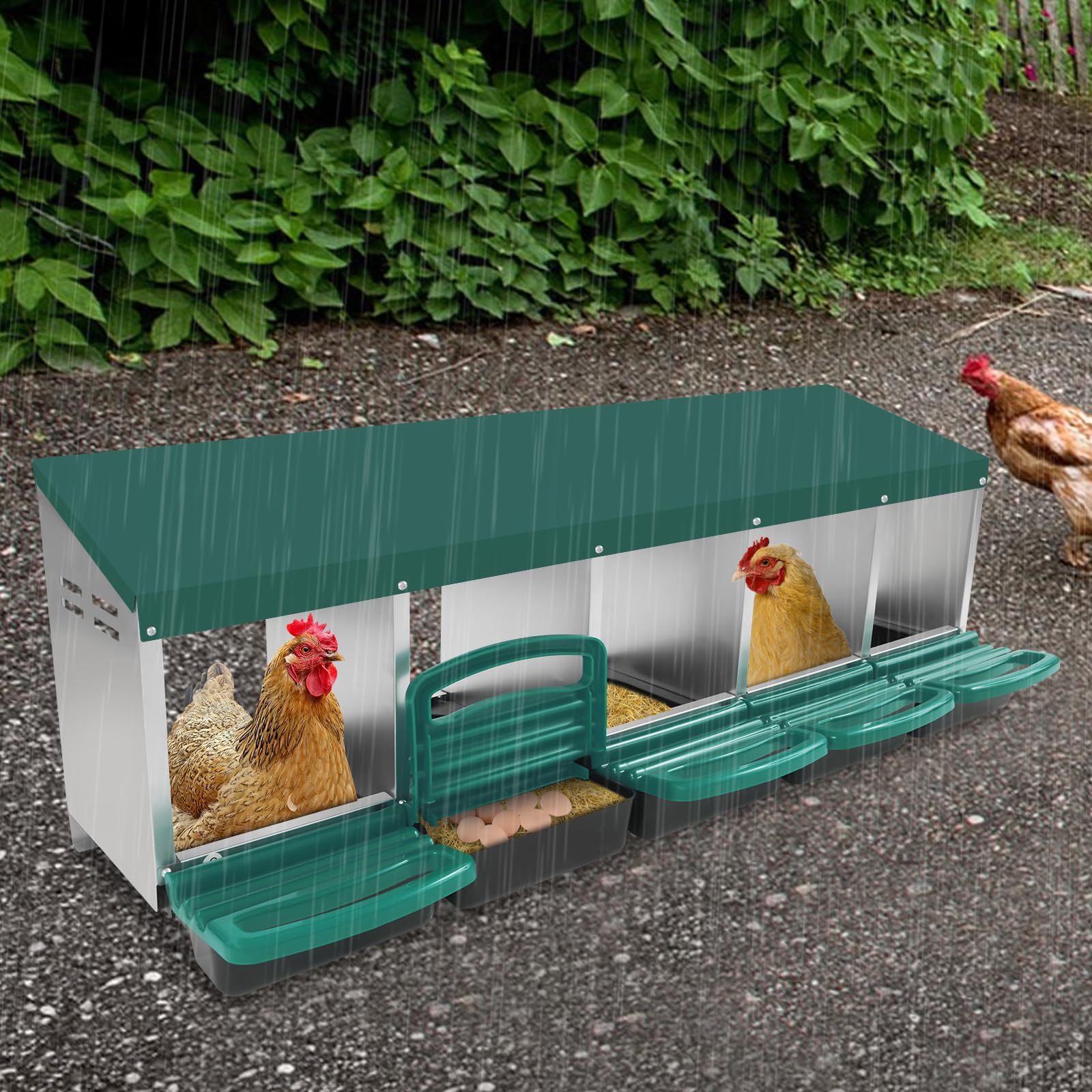 Nido para pollos, 5 compartimentos, nido de pollo de acero galvanizado y plástico, con pie en el suelo o en la pared, con toldo para gallinero y aves de corral