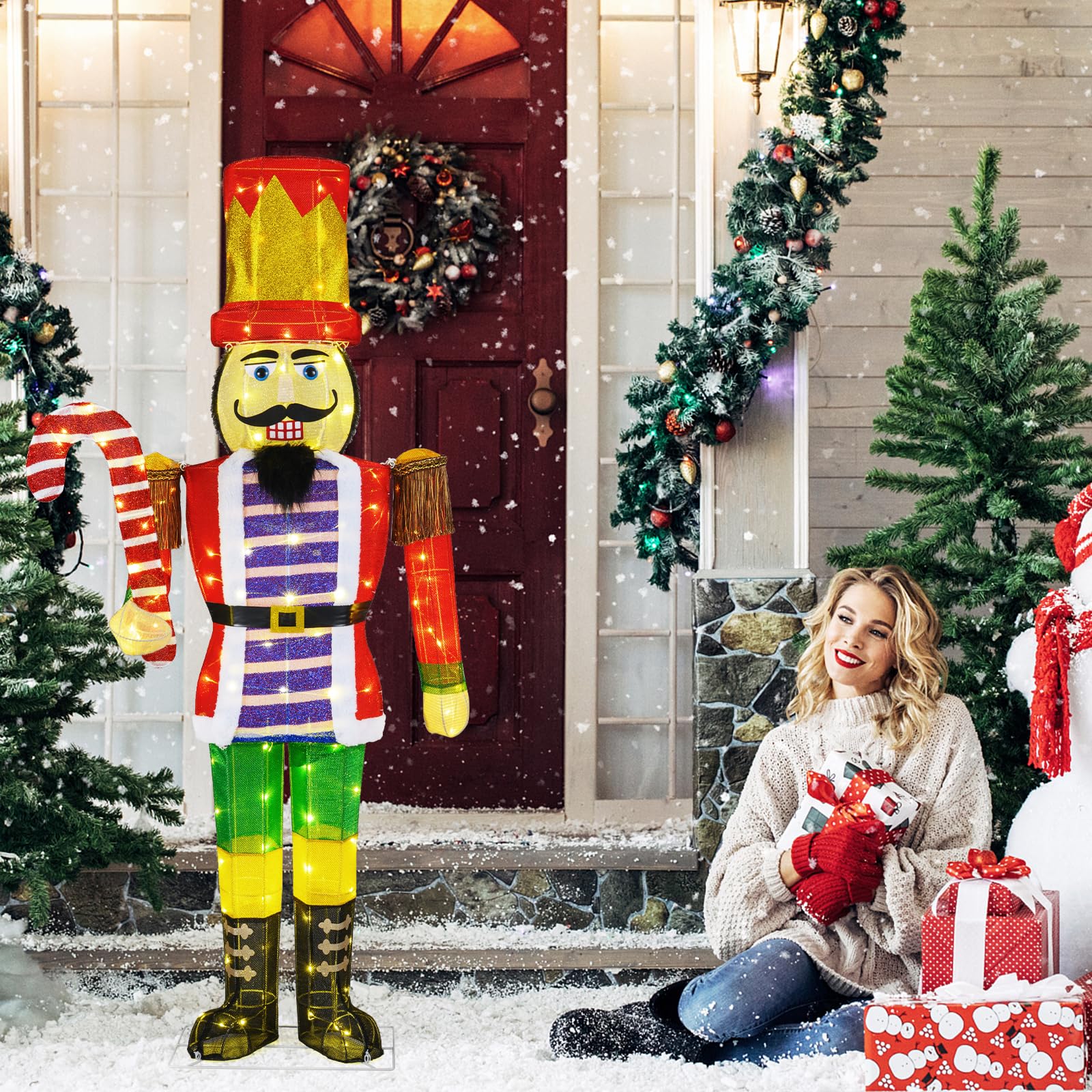 SOARS Weihnachten Nussknacker Figur groß, Weihnachtsdeko aussen XXL, 110 warmweiße LED-Lichter, 170 cm Weihnachtsfigur mit Zuckerstange, Weihnachtsbeleuchtung für außen und innen