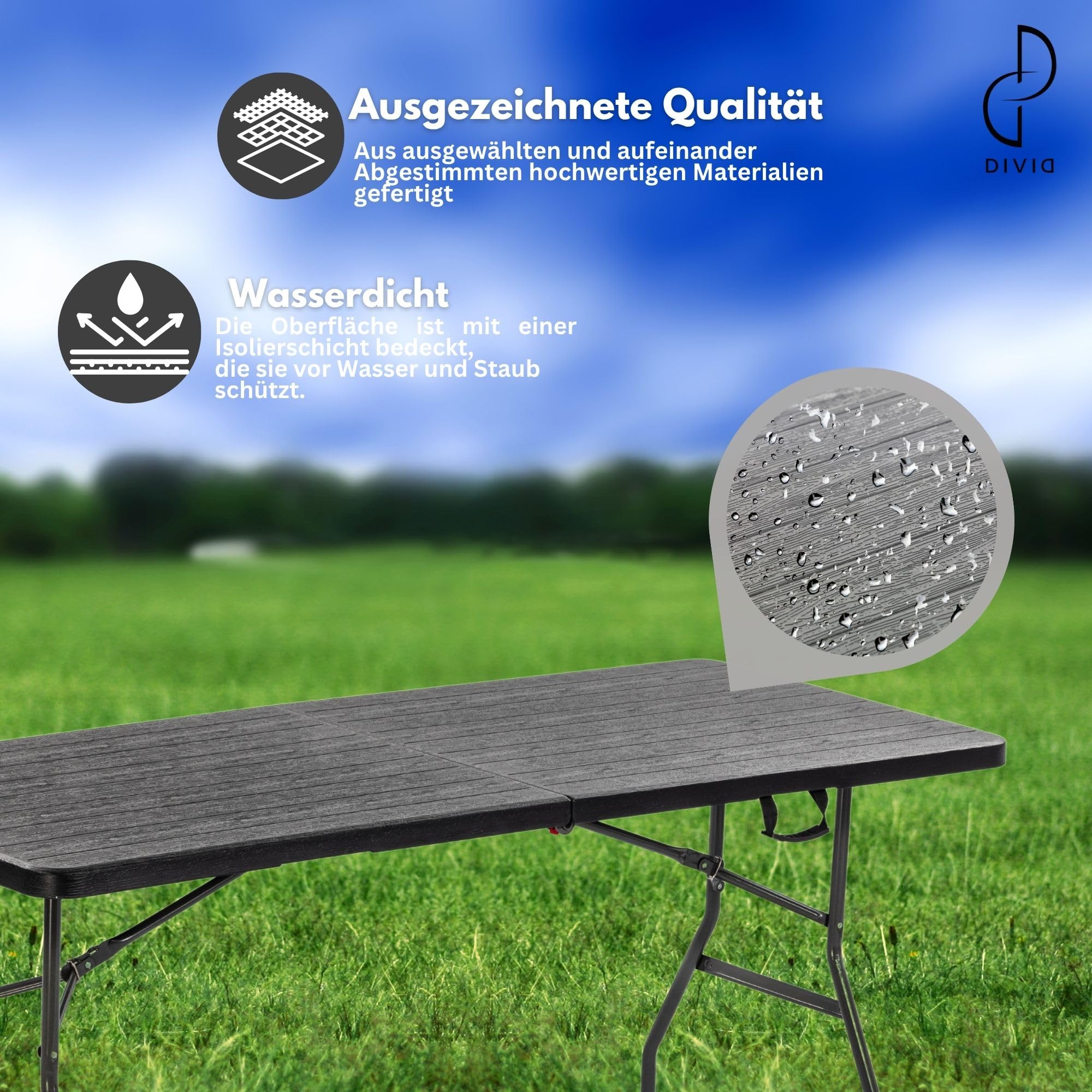 DIVID® Bierzeltgarnitur 3-teilges Set|Tisch + 2 Bänke|Für drinnen und draußen|klappbar mit Tragegriffe|HxBxT: 73x180x75cm|Gartentisch (DIV-200/WOOD Set)