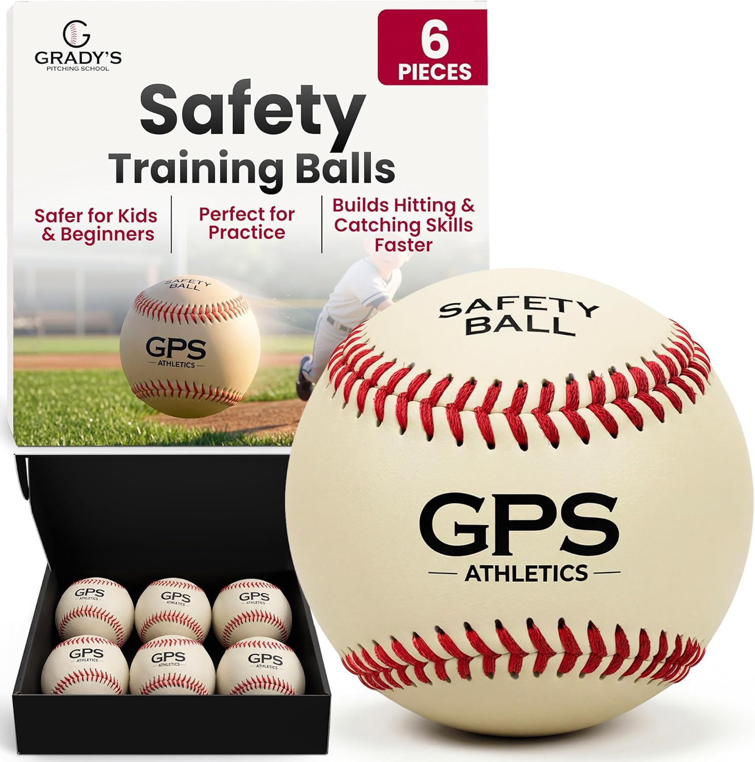 GPS Athletics Soft Practice Baseballs for Kids – Low Impact Safety Training Baseballs for Youth Baseball Practice & Indoor Training, Durable Soft Baseballs with Raised Seams, 6 Pack
