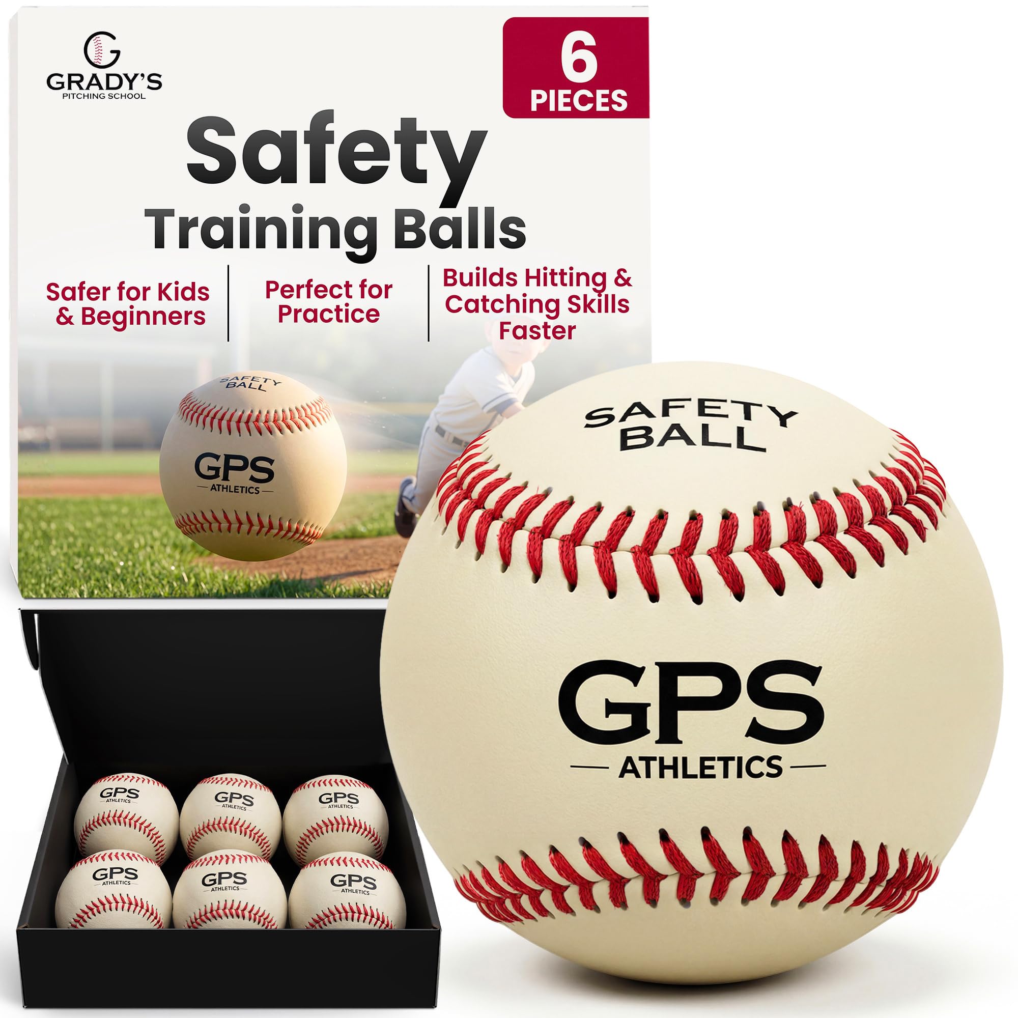 Grady's Pitching School GPS Athletics - Juego de 6 pelotas de entrenamiento suaves de bajo impacto para niños, para entrenadores, para principiantes, 6 unidades por paquete