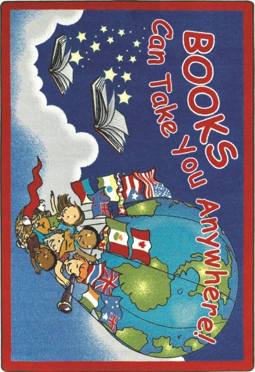 Joy Carpets Kid Essentials Language & Literacy Books Can Take You Anywhere Rug, Sky Blue, 7'8" x 10'9" Oval