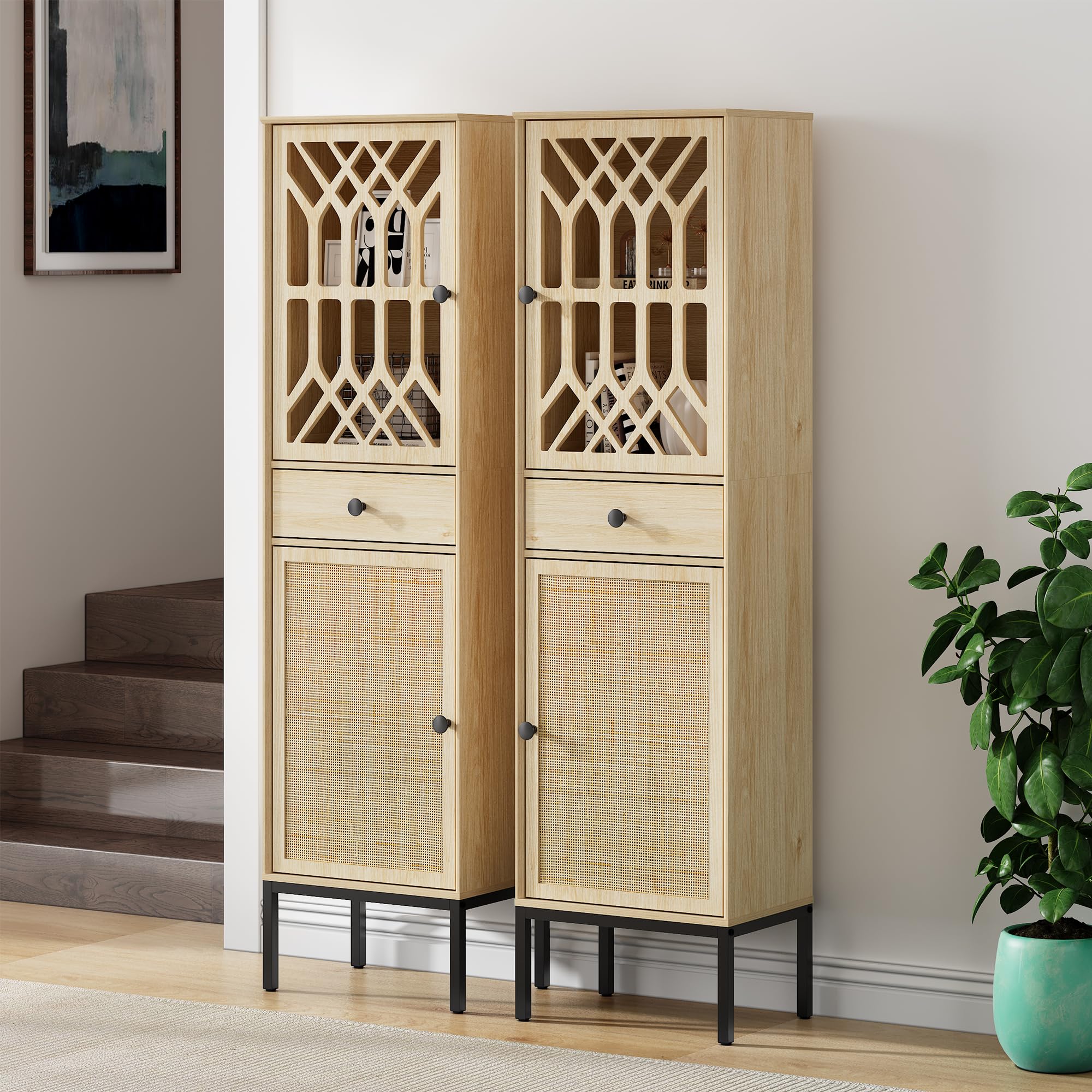 XIAO WEI 2-Piece Bathroom Storage Cabinet with Rattan Woven Doors&Fretwork Pattern Door, Narrow Storage Cabinet Linen Cabinet for Living Room, Entryway, Kitchen, Home Office, Natural