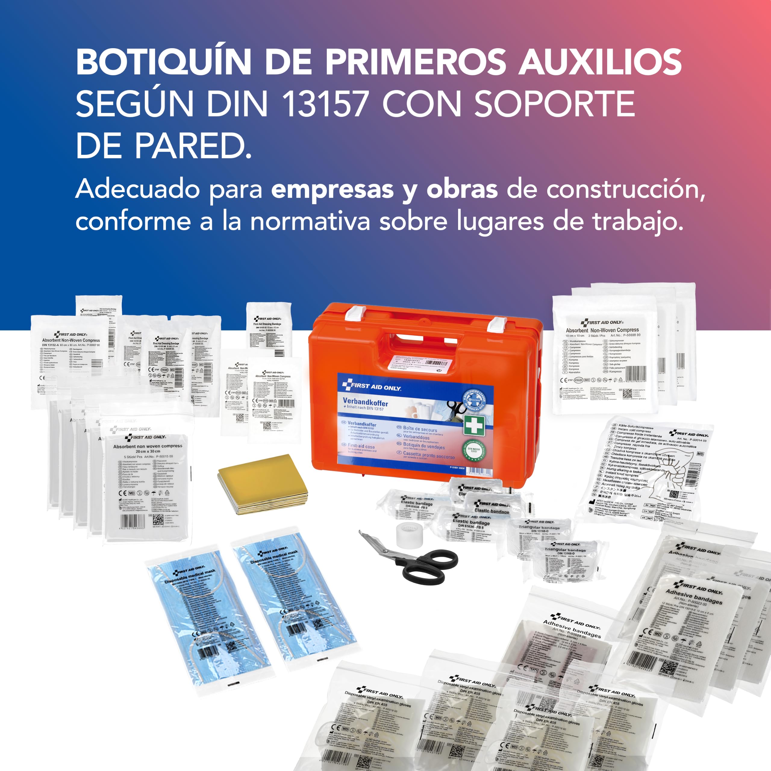 First Aid Only Botiquín De Vendajes First Aid Only Con Asidero, Din 13157, Incluye Divisores, Soporte Para La Pared, Tornillos Y Clavijas, Naranja, P-10016 2130 g, 1 unidad
