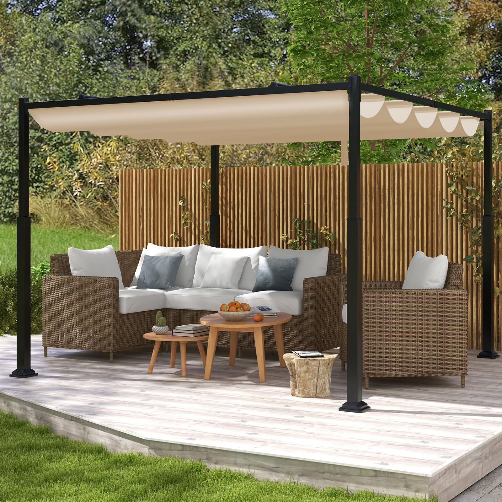 COSTWAY Pergola z przesuwnym dachem, pawilon 3,1 x 3,1 m, wodoszczelny, stabilny, odporny na zimę, pawilon ogrodowy z wytrzymałymi metalowymi kolumnami, na taras, do ogrodu, na pokład (beżowa)