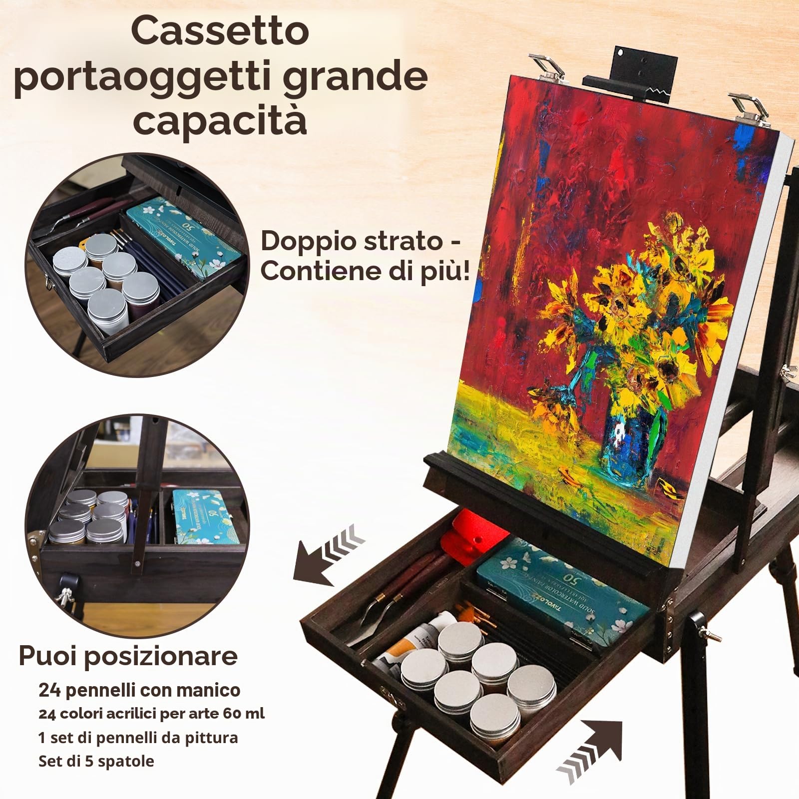 CONDA Cavalletto in stile francese da 177,8 cm con gambe in alluminio, cavalletto pieghevole per schizzi e pittura con cassetto, cavalletto treppiede per pittura, schizzi, esposizione