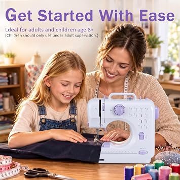 Sewing Machine 505 for Beginners: 12 Built-in Stitches with Expansion Table, Foot Pedal & Full Accessory Kit, Heavy Duty Household Sewing Machine for Adults & Kids Ages 8+,(Purple)