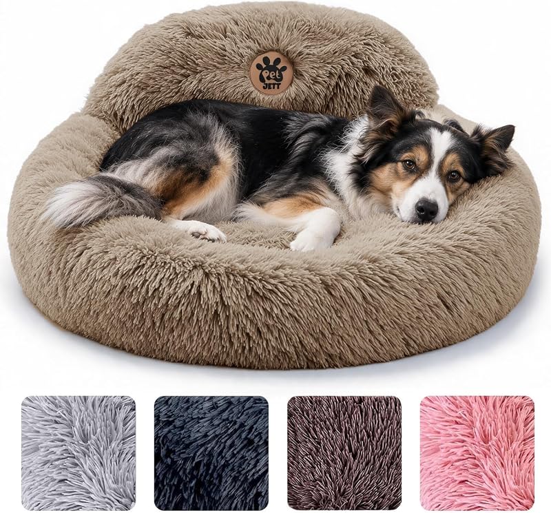Cama Redonda para Cães PET JETT com Pelúcia Macia, Borda Elevada e Base Antiderrapante Bege – 76,2 x 76,2 x 20,32 cm