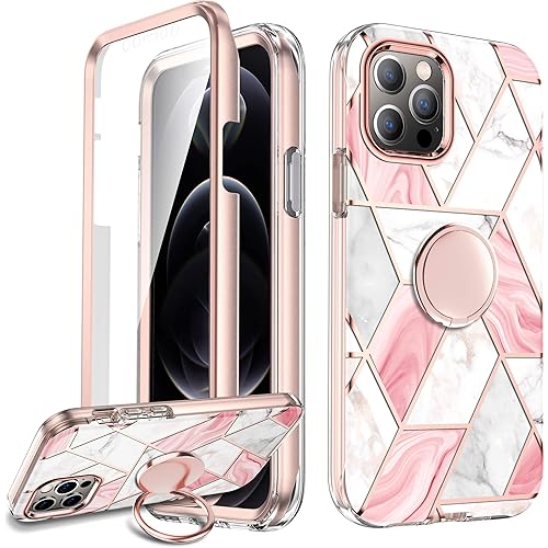 Huffii MyLove Series Designed for iPhone 12 Pro Max Case Marble Built-in Screen Protector + Ring Holder Kickstand Shockproof Cute Cover for Women for Girls. (Pink/Rose, iPhone 12 Pro Max (6.7))
