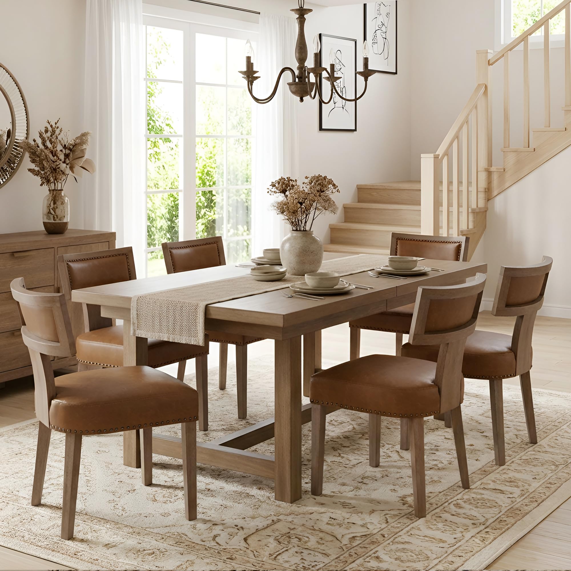 HNY Mid Century Modern Dining Chairs Set of 6, Farmhouse PU Leather Upholstered Accent Chairs Curved Nailhead Trim Backrest Kitchen Chairs, with