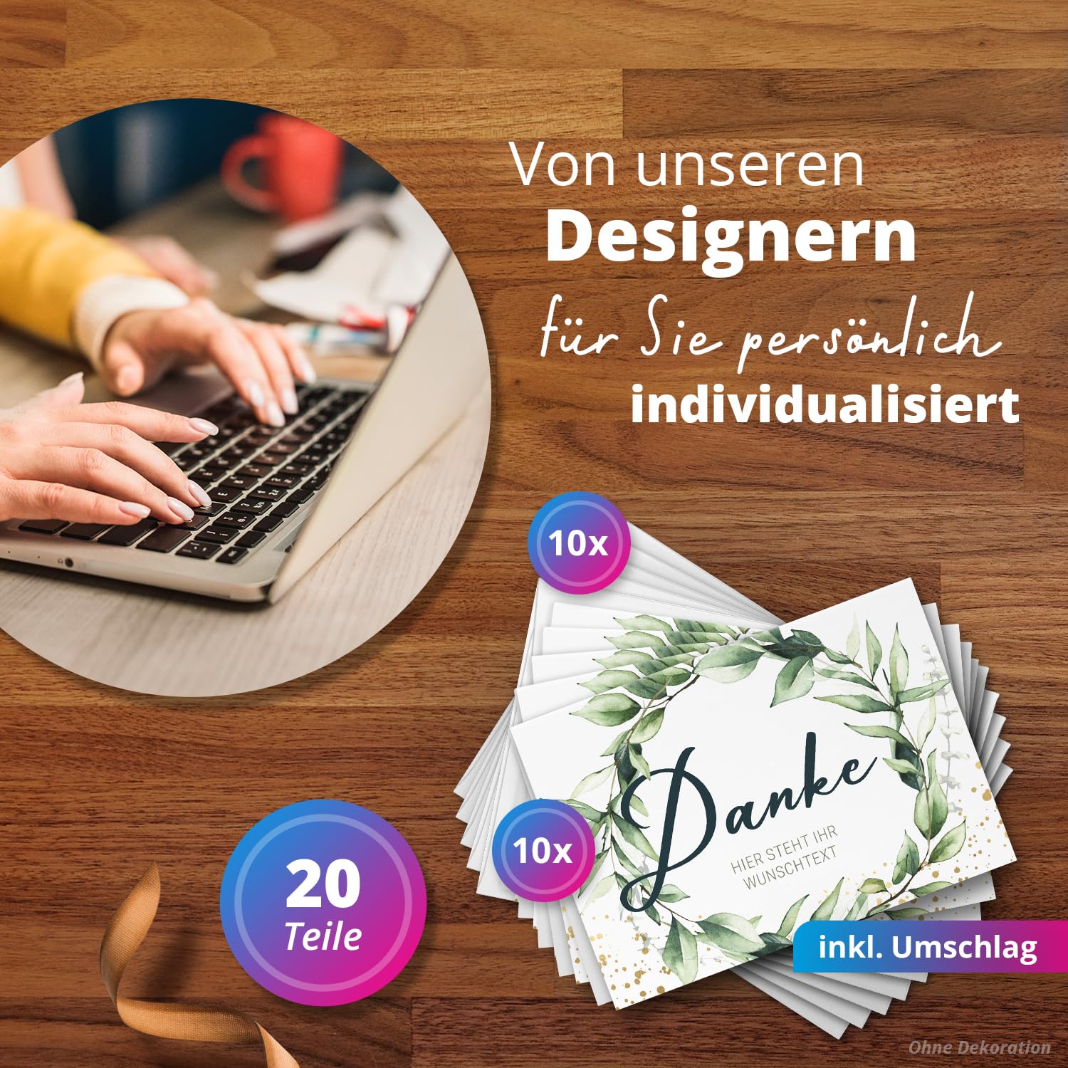 Dankeskarten personalisiert mit Umschlag mit eigenem Text und Foto