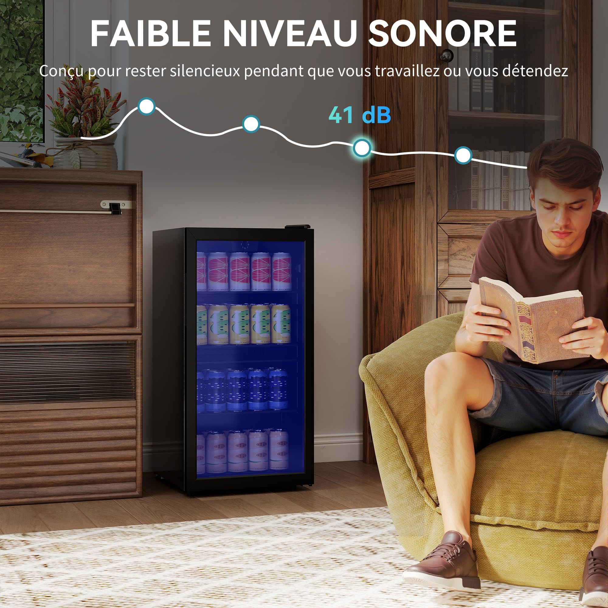 HOMCOM Réfrigérateur à Boissons 93 L, Frigo 115 Canettes, Porte Vitrée, Éclairage LED, Contrôle Température, Noir