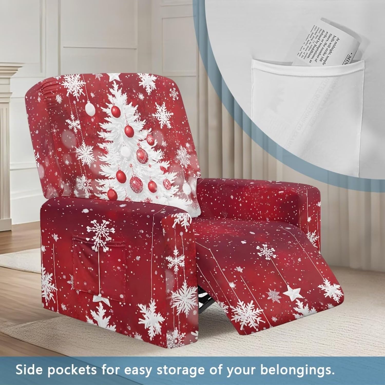 Recliner Chair Covers Slipcovers Christmas Tree Reclinable Chair Cover Soft Fitted Sofa Couch Cover Washable Furniture Protector with Elastic Bottom Kids Pet Christmas Red