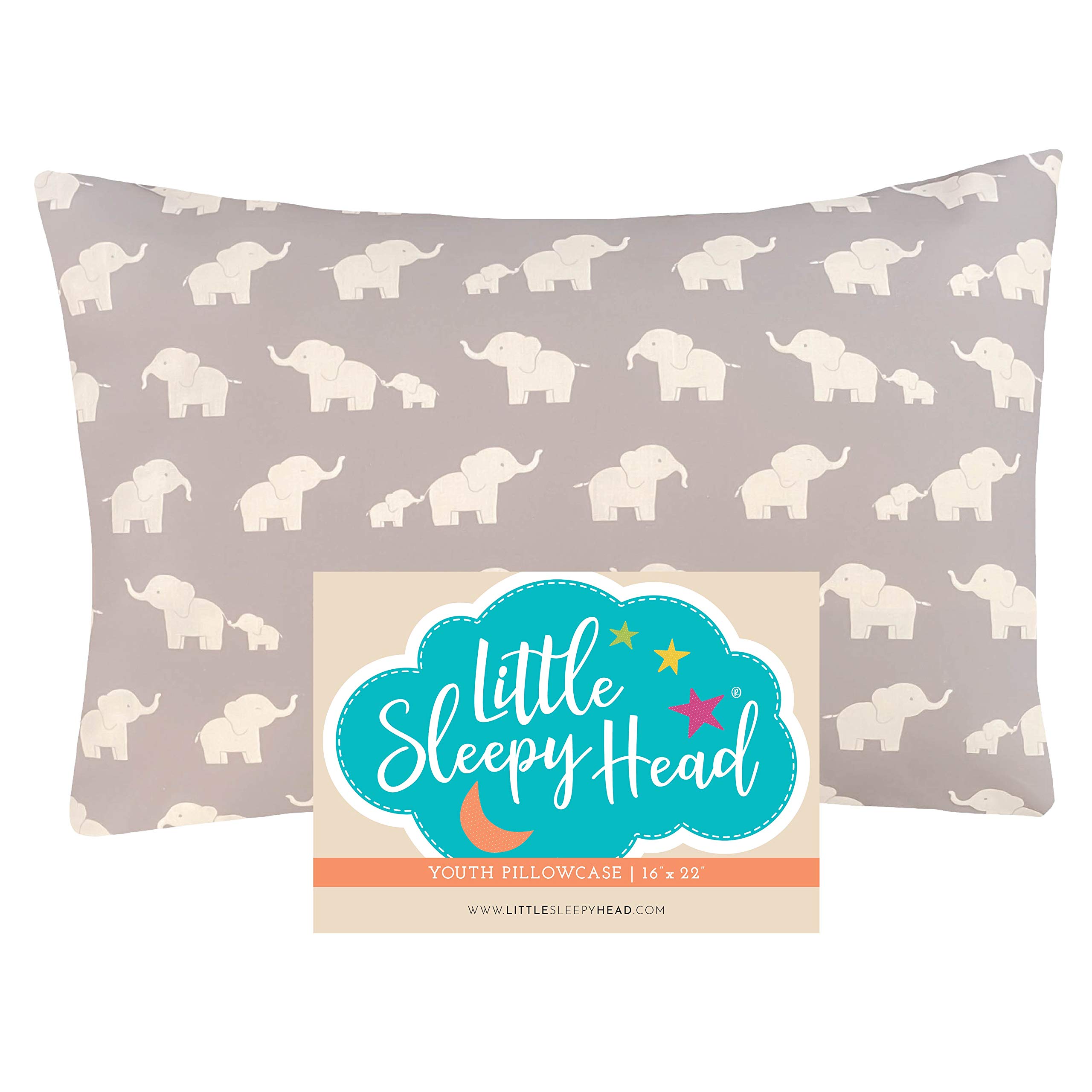Little Sleepy Head - Funda de Almohada ninos 100% algodón Hecho, Funda de Almohada hipoalergénica (Elefantes Felices - Gris