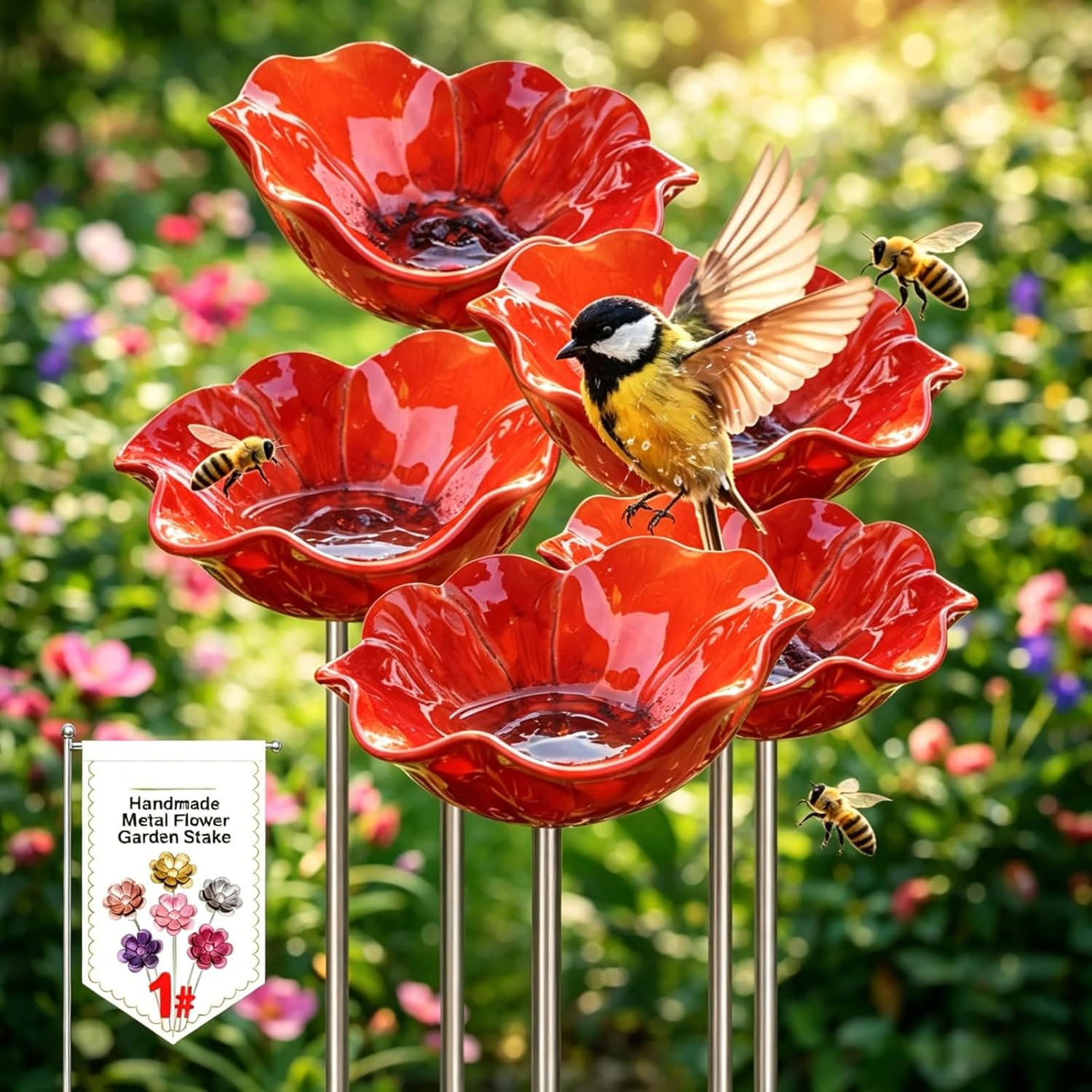Metal Flower Garden Stakes Bird Bath Handmade, Bee Watering Station, Bees Bath for Garden Metal Bee Water Feeder with Flower Design, Colorful Butterfly Bees Bath Bowl for Outdoor Yard Decor (5PCS)