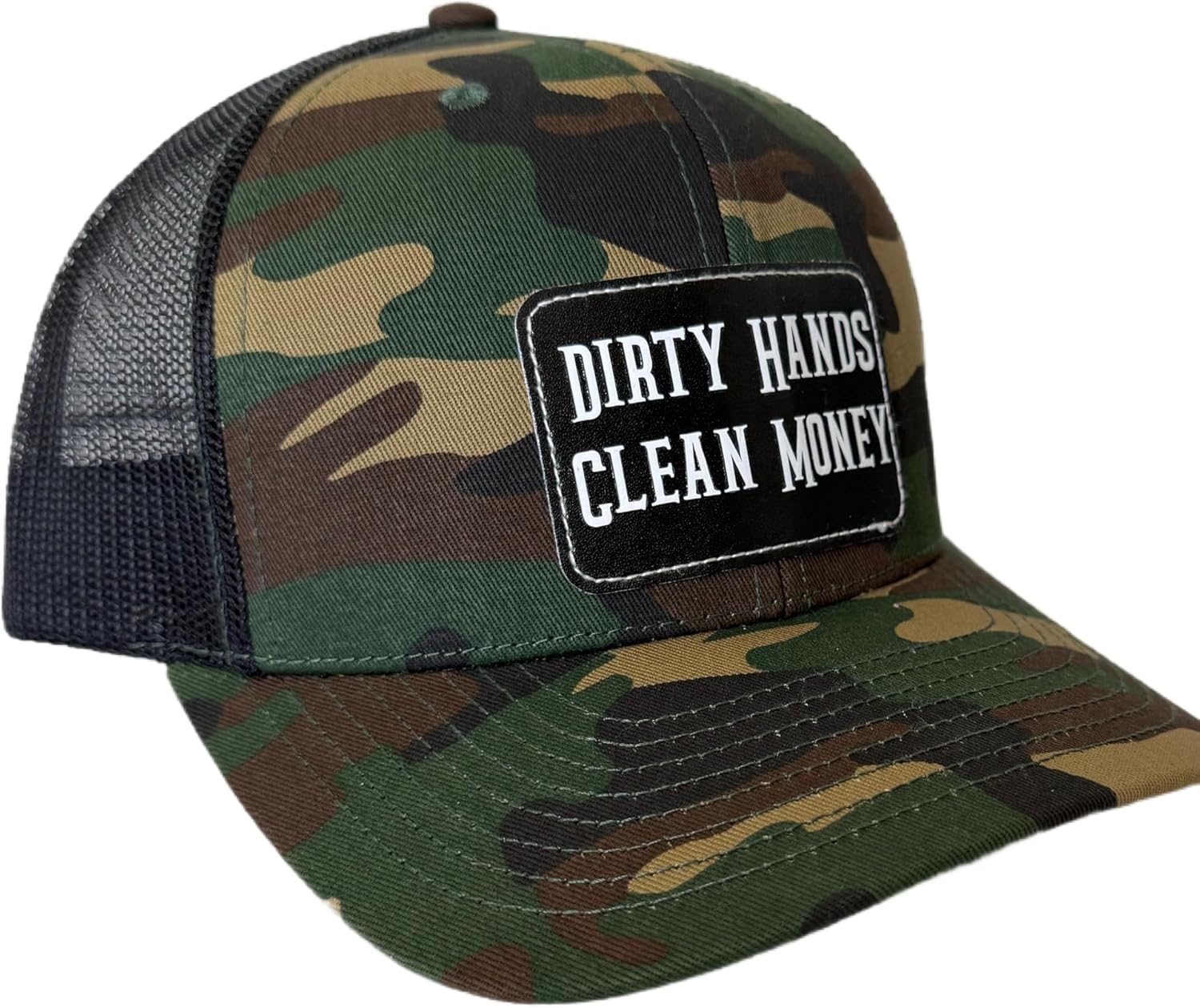 Dirty Hands Clean Money Leather Patch Hat, Camo Trucker, Mesh Back Snapback, Blue Collar Work Hat (Richardson 112)