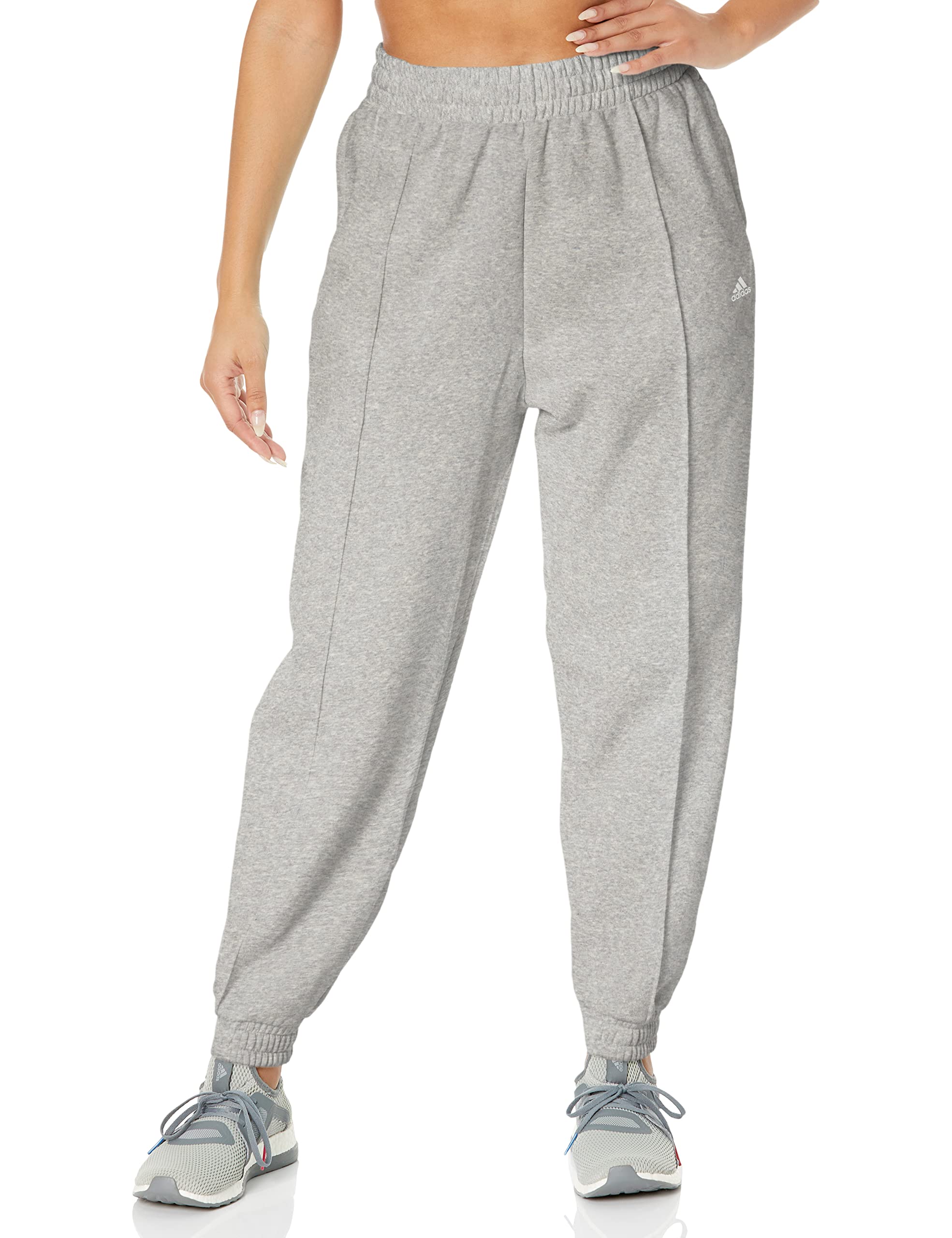 adidas Womens Studio Fleece Pants Medium Grey Heather/White Large