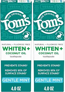 Tom's of Maine Whiten Plus Coconut Oil Fluoride Free Toothpaste, Natural Whitening Toothpaste with Coconut Oil and Plant-Based Cleansers, Whitens Without Causing Sensitivity, Gentle Mint, 4.0 Oz