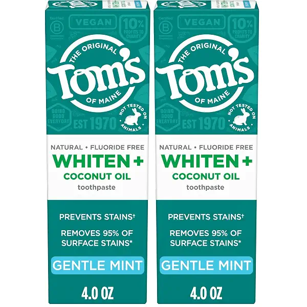 Tom's of Maine Whiten Plus Coconut Oil Fluoride Free Toothpaste, Natural Whitening Toothpaste with Coconut Oil and Plant-Based Cleansers, Whitens Without Causing Sensitivity, Gentle Mint, 4.0 Oz 1