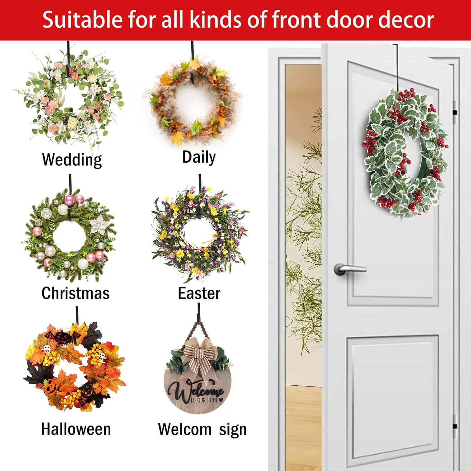12 in Wreath Hanger Black Wreath Hangers for Front Door Wreaths Hangers Hook Over The Door Hook for Christmas Wreaths Holder Xmas Halloween Easter Home Outdoor Decorations