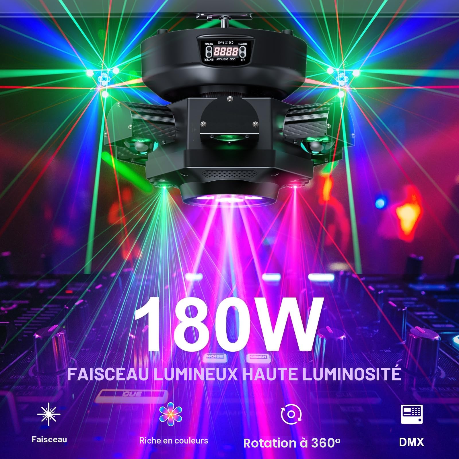 180W Lyre LED RGBW Jeux de Lumiere 19CH Projecteur de scène pour DJ Bar Club Disco Luminaires à tête rotative Éclairage