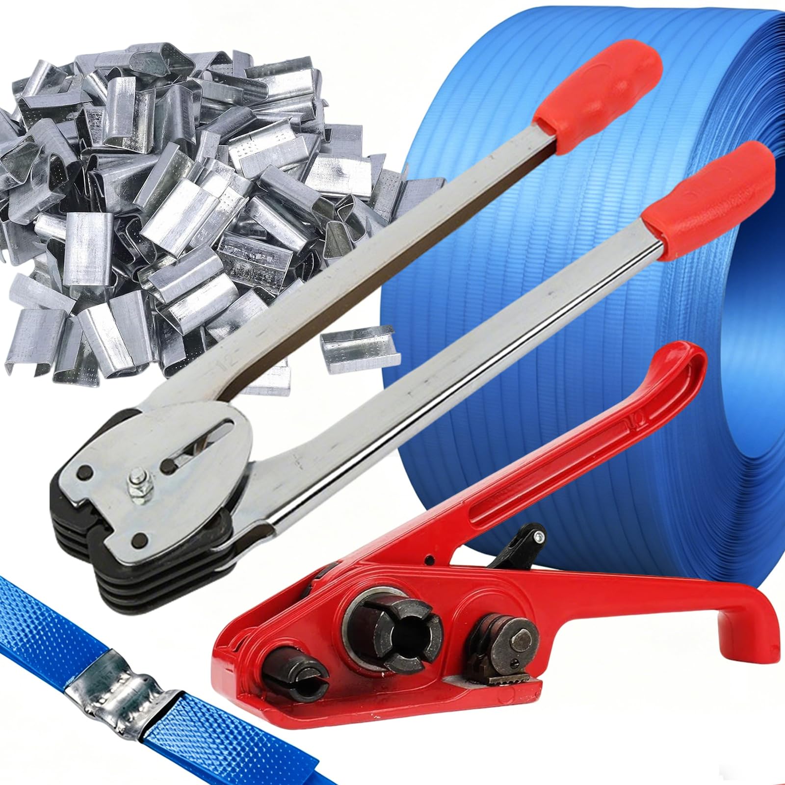 Schwerlast-Manuelles Umreifungswerkzeug-Set 13mm mit 100m PET-Umreifungsrolle, 100 Metallverschlüsse, Spanner & Verschließer
