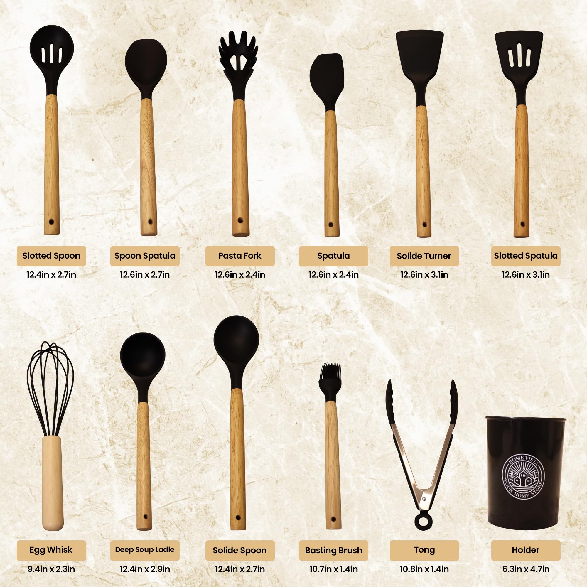 12 Pcs Silicone Cooking Utensils Set with Holder – Heat Resistant, BPA-Free Tools for Non-Stick Cookware – Ideal for Homes, Daily Cooking & Gifting – Black Kitchen Set — view 3