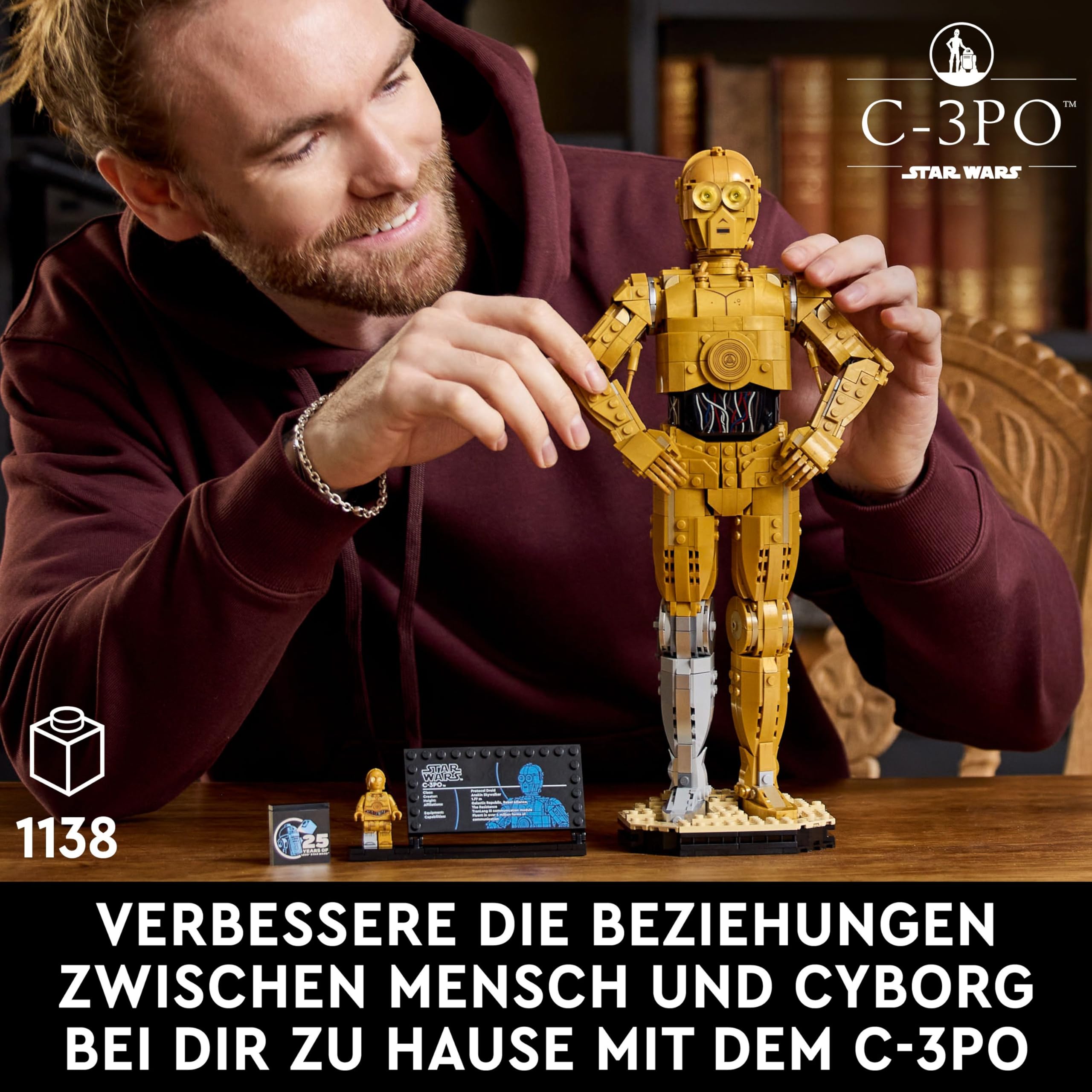 LEGO Star Wars 75398 C-3PO Figur – Sammler Modell für Erwachsene – mit Ständer, Infotafel und Minifigur zum Bauen, Spielen und Ausstellen – Geschenkidee für Fans | Sammlerdisplay Modellbausatz für Erwachsene, Ständer, Plakette & Minifigur, Heimdekoration,