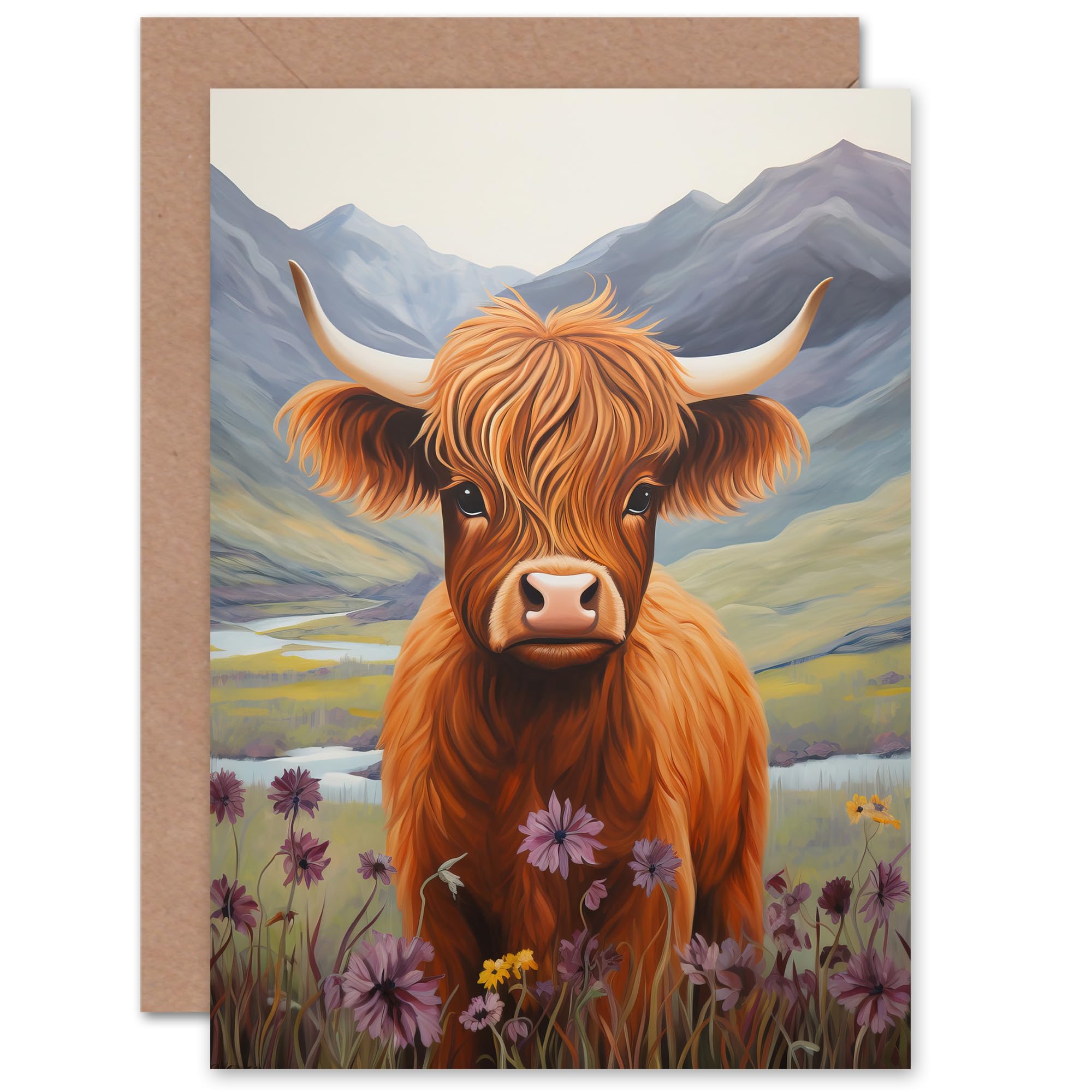 Artery8 Highland Calf Cow in Heather Scotland for Child Children Kids Birthday Thank You Daughter Sister Blank Art Greeting Card