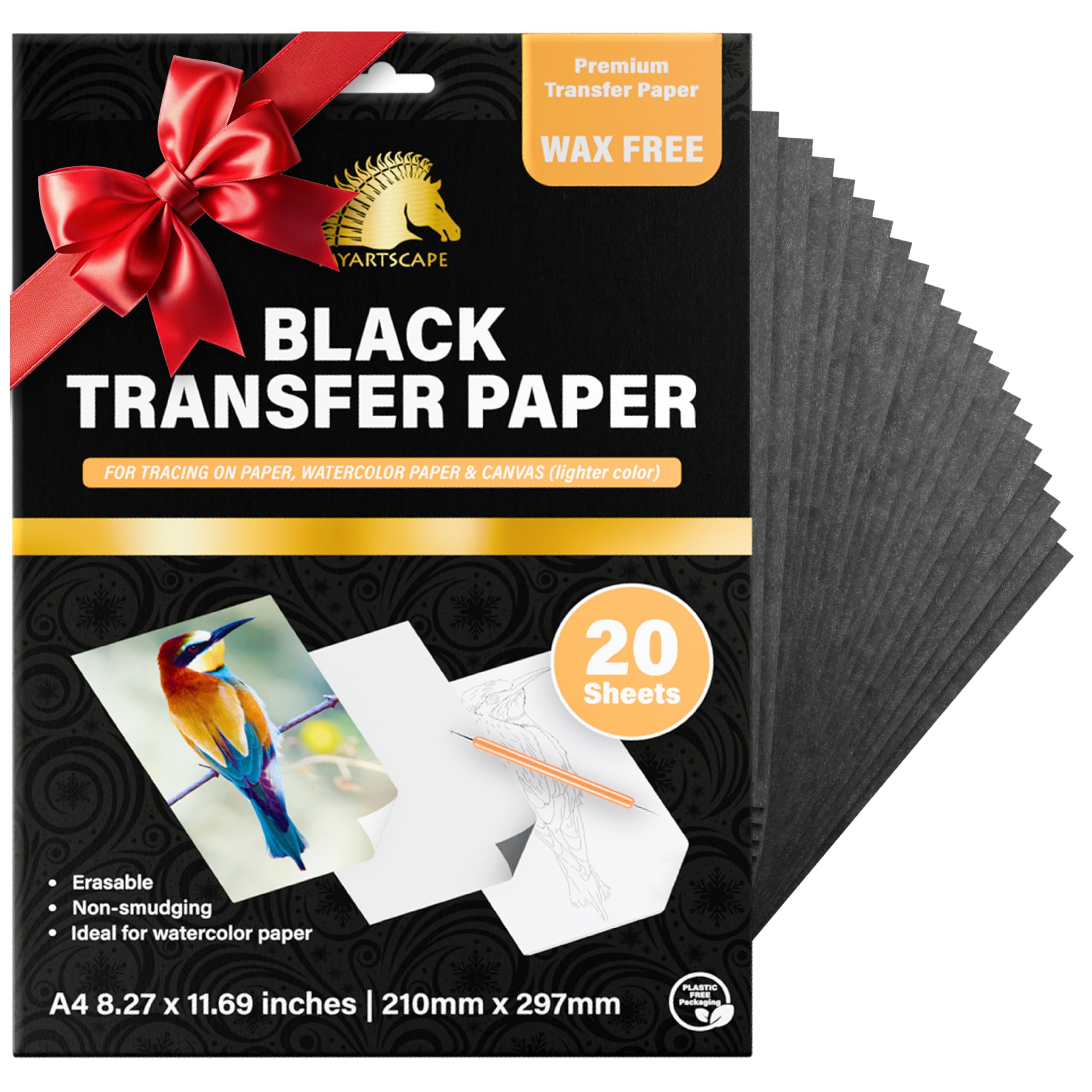 MyArtscape Graphite Transfer Paper, 20 Black Sheets - Wax Free - Erasable - Smudge-Free - Ideal for Drawing, Tracing and Watercolor Transfer - Premium Arts and Crafts Supplies