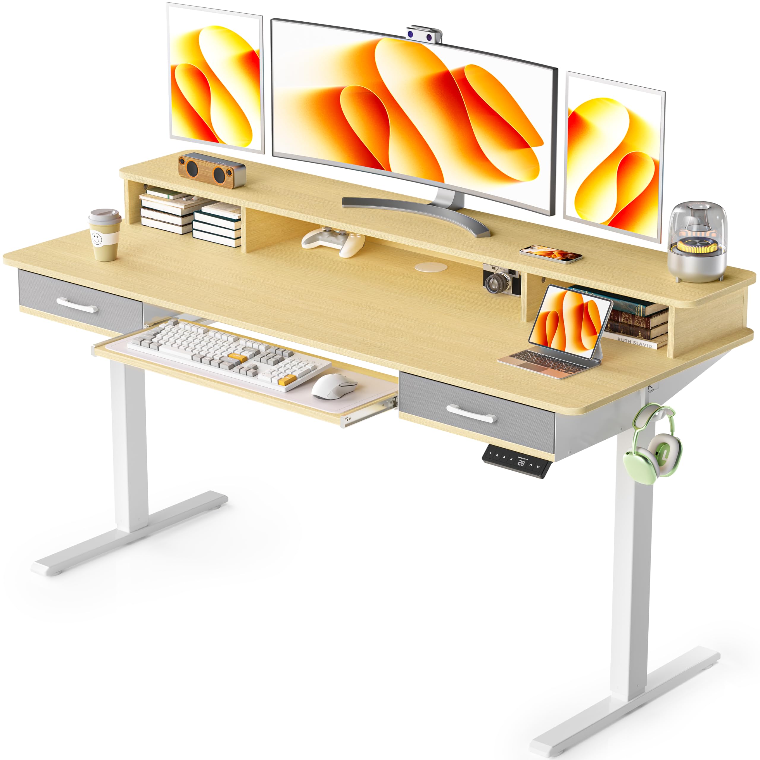 WALKINGDESK Electric Standing Desk with Keyboard Tray, 160 x 60 cm Height Adjustable Desk with 2 Drawers, Computer Desk with Storage Monitor Stand, Ergonomic Sit Stand Desk, Oak โ image 1