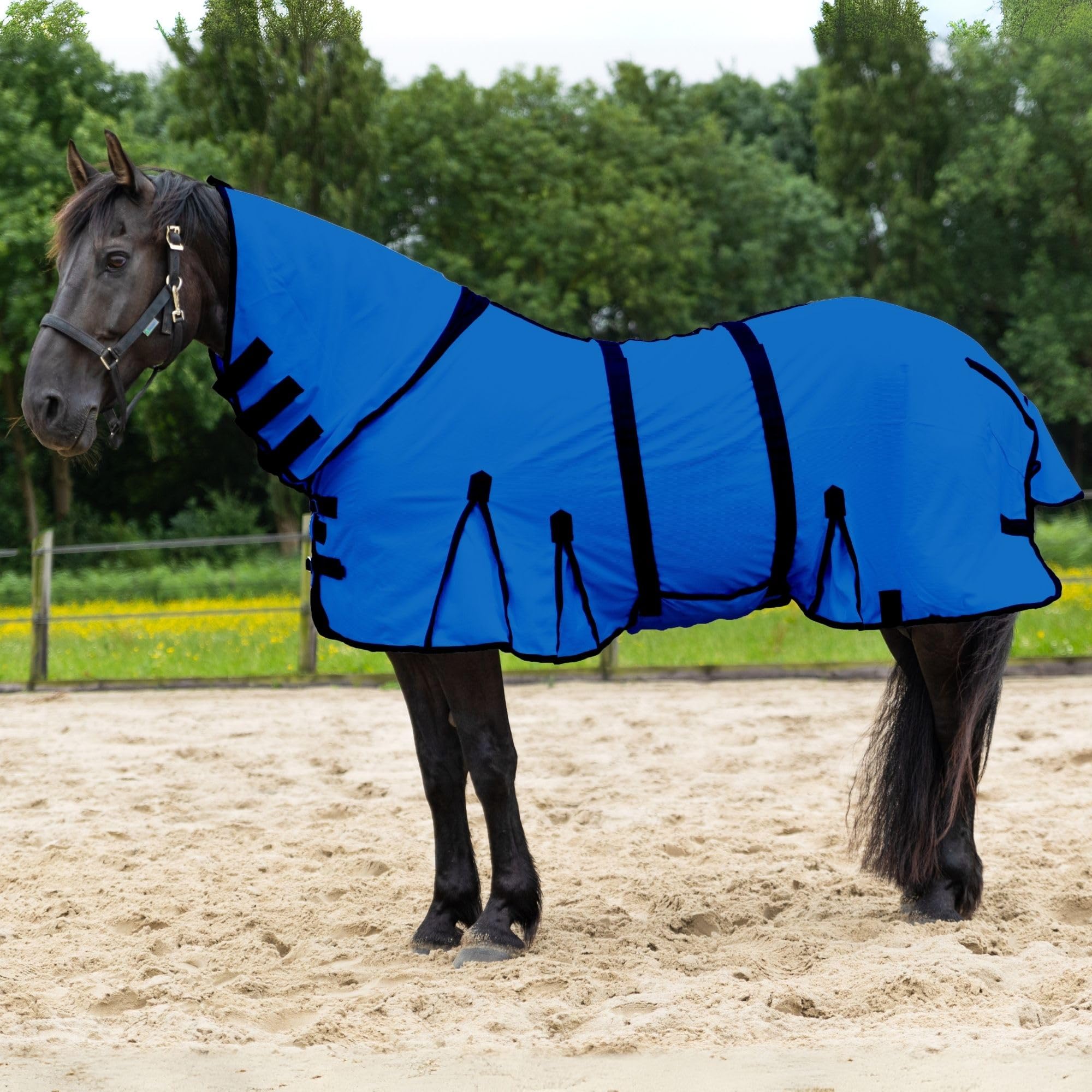 Horse Fly Sheet with Attached Neck Cover &amp; Tail Flap | UV Protection Mesh Horse Blanket, Full Body Bug &amp; Sun Shield, Buckles, Belly Wrap &amp; Gussets for Spring Summer Riding Rug (Royal Blue, 74")