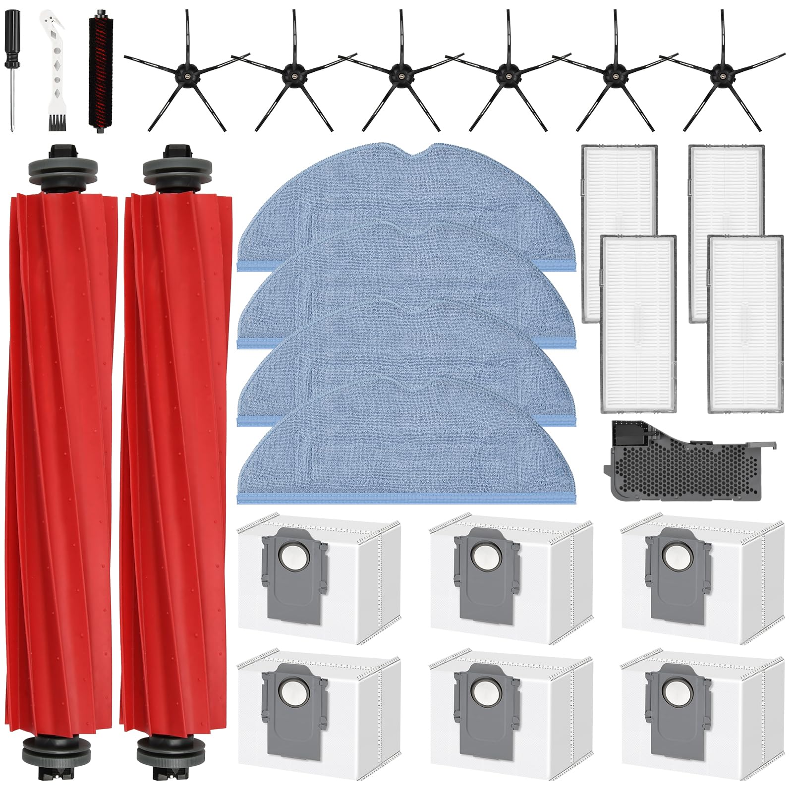 26 Stück Zubehör für Roborock S7 MaxV Ultra / S7 Pro Ultra / S7 Max Ultra Saugroboter | 2 Hauptbürste, 6 Staubbeutel, 4 Filter, 4 Wischpads, 6 Seitenbürsten, 1 Wartungsbürste, 1 Wasserfilter