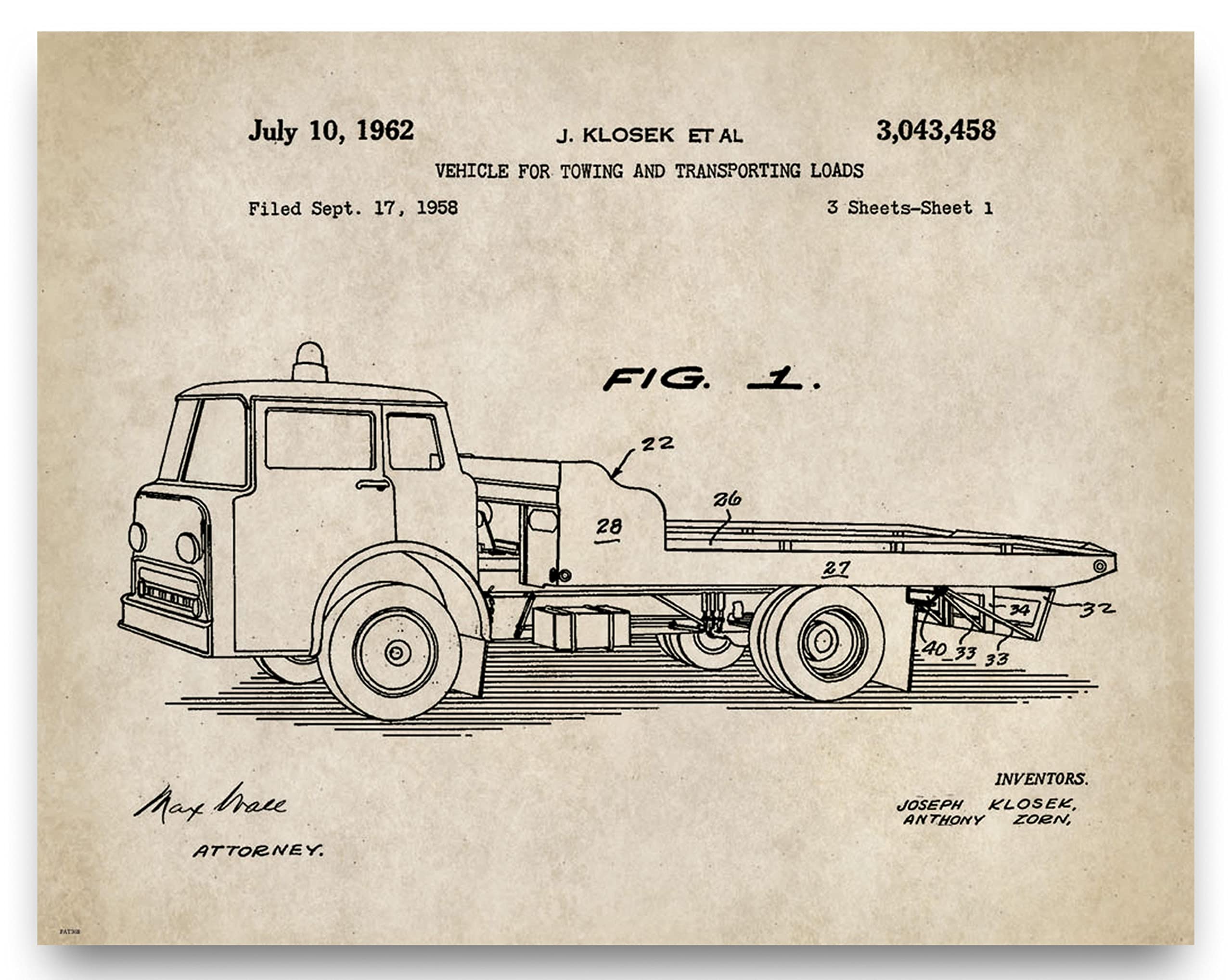 Apple Creek Tow Towing Truck Patent Poster Art Print 11x14 Repo Driver Wrecker Toys Wall Decor Pictures