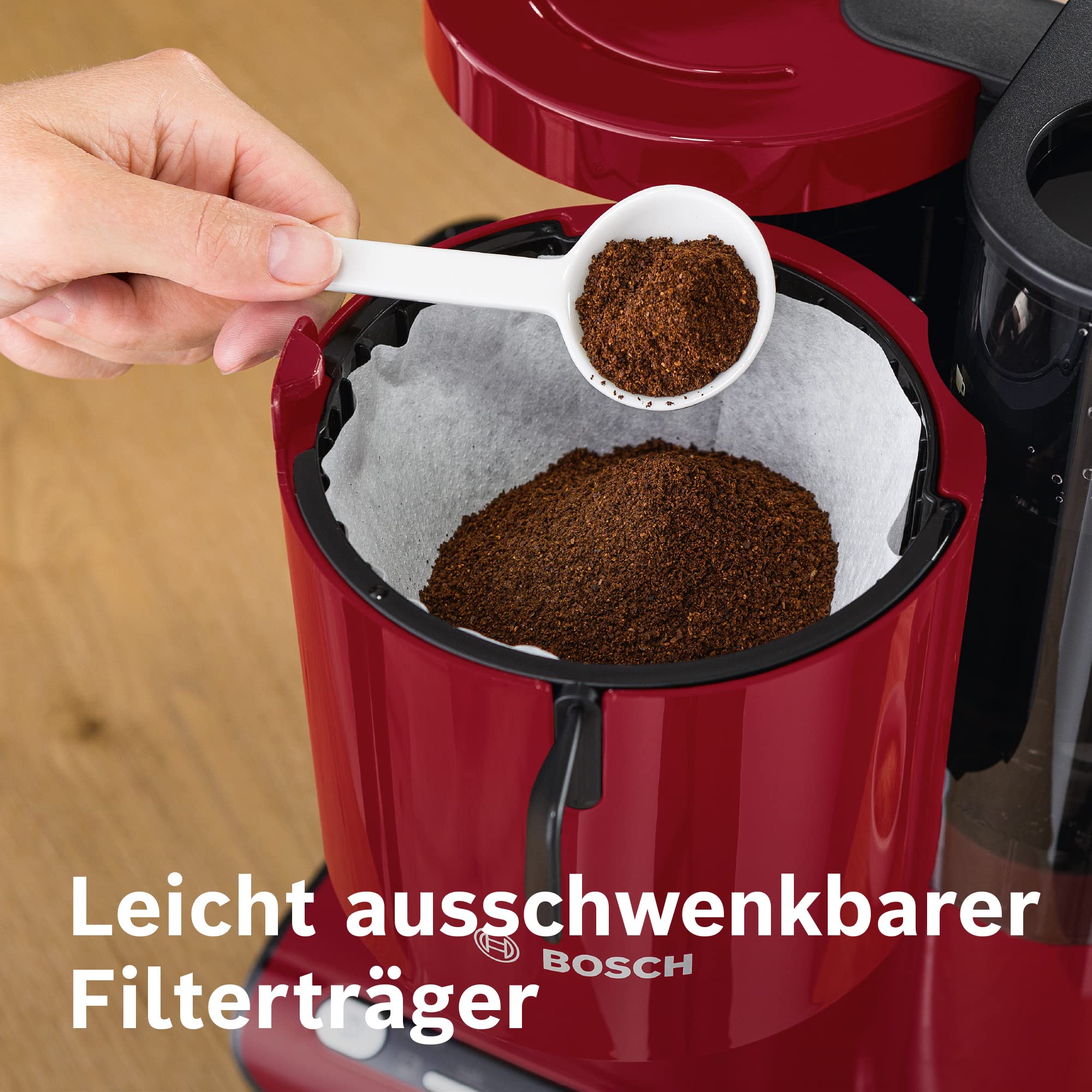 Bosch Filterkaffeemaschine Styline TKA8A054, Edelstahl-Thermokanne 1,1 L, für 8-12 Tassen, abnehmbarer Wassertank, Tropfstopp, schwenkbarer Filterträger, Kabelstaufach, 1100 W, rot