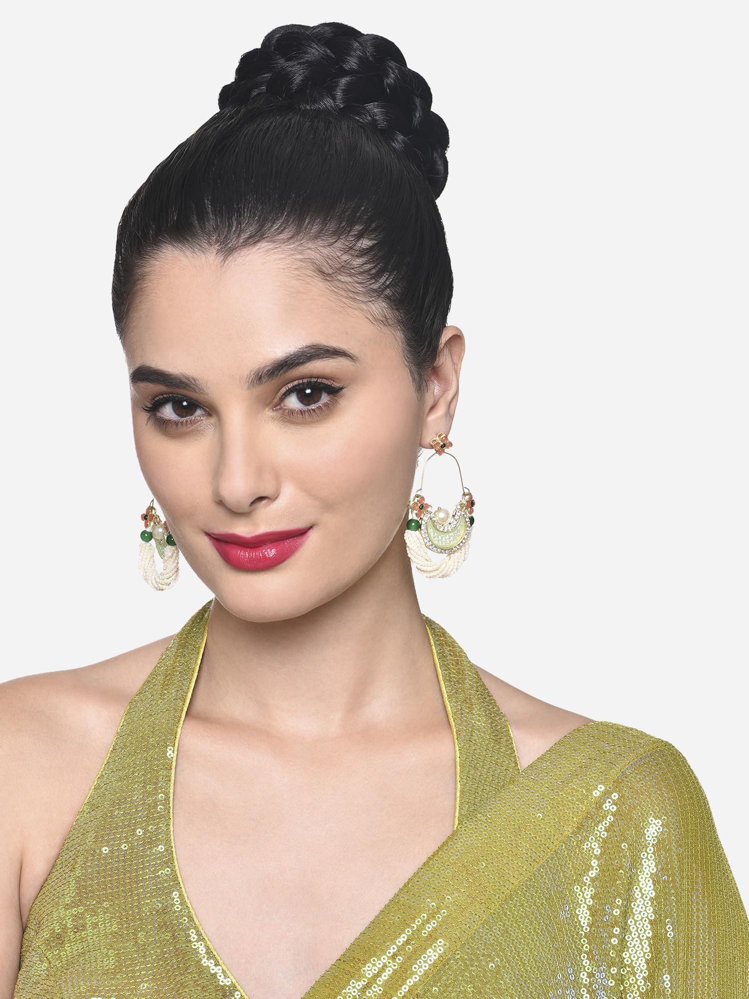Peach Dazzling Stones Cresent Ethnic Dangle Earring