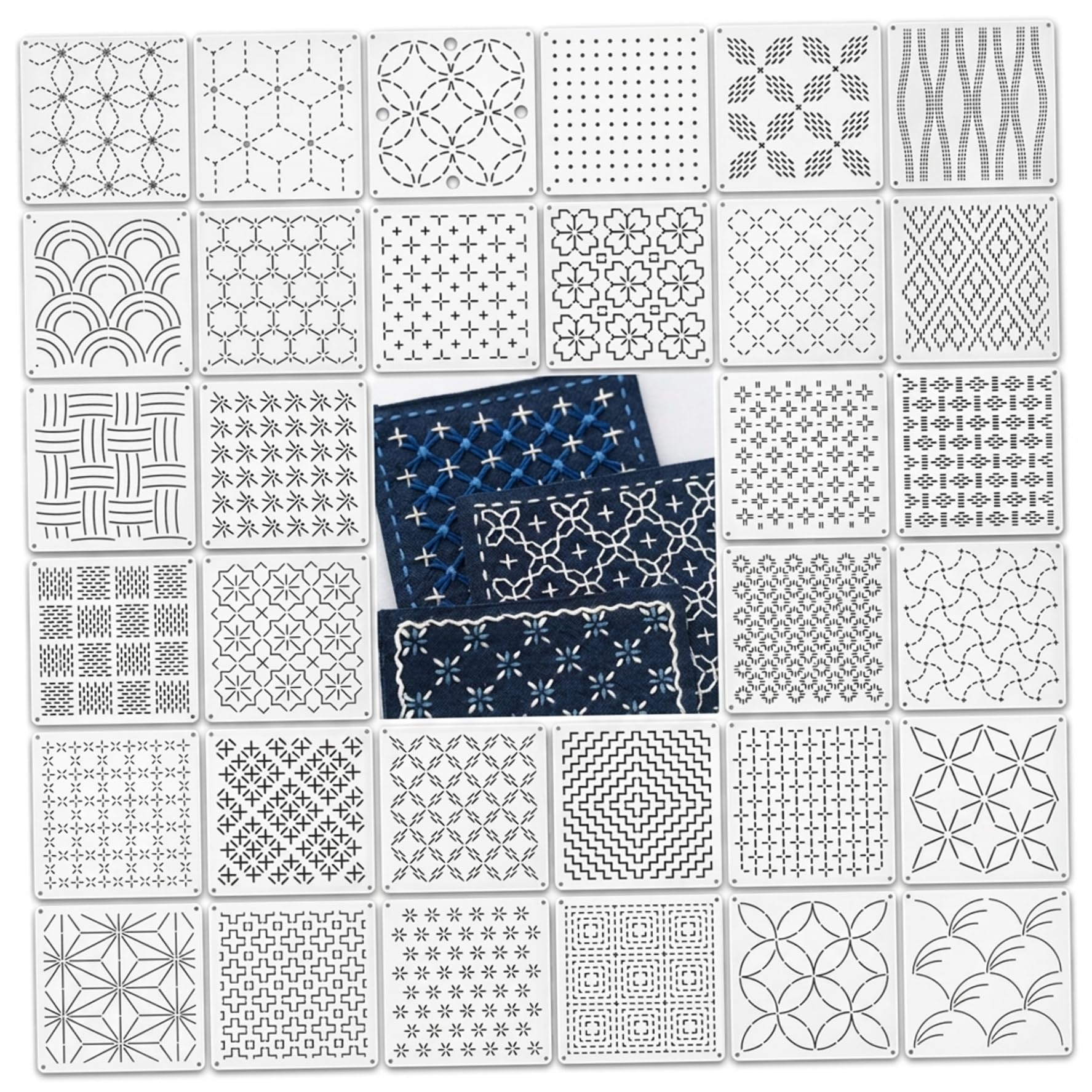 Pochoir Sashiko pour machine et couture : 32 motifs de broderie géométriques réutilisables