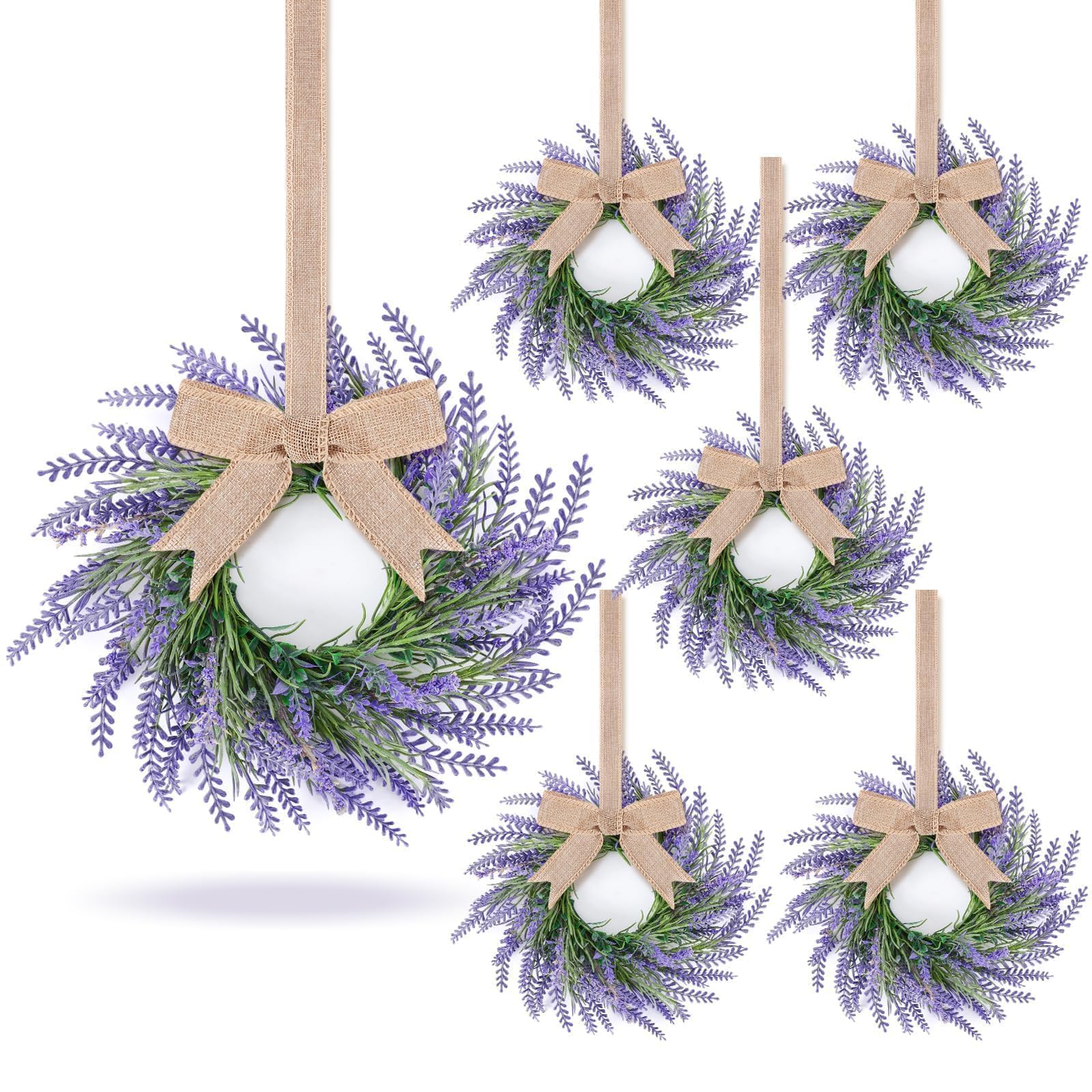 6 Pcs Lavender Candle Ring Pillar Wreaths Mini Purple Wreath Table Centerpieces 9 Inch Wreath for Cabinets Artificial Farmhouse Lavender Wreaths for
