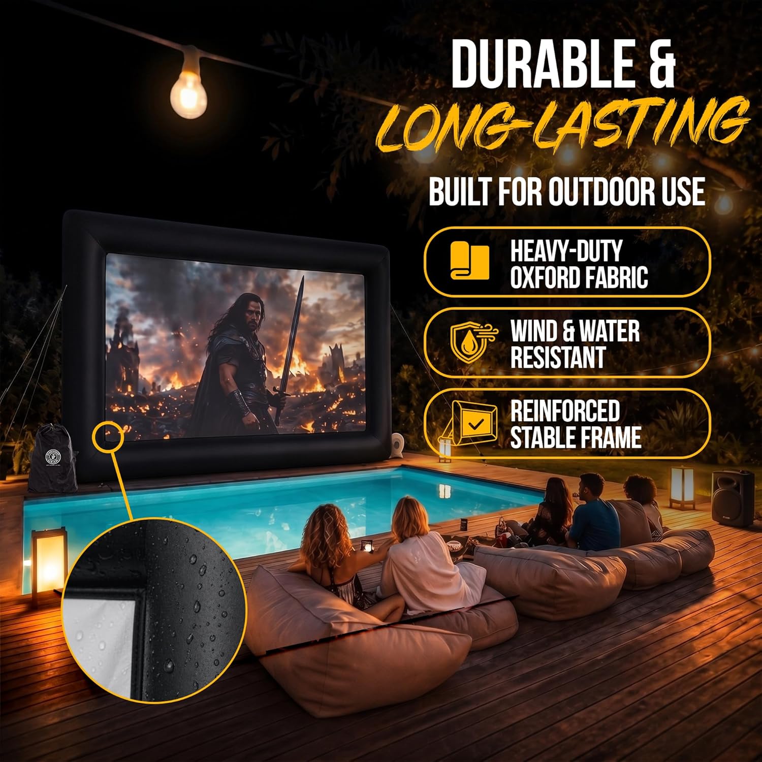 KHOMO Gear 16 ft Outdoor Projector Screen with Built-in Blower - Supports Front and Rear Projection - Includes Tie-Downs and Storage Bag - Inflatable Projector