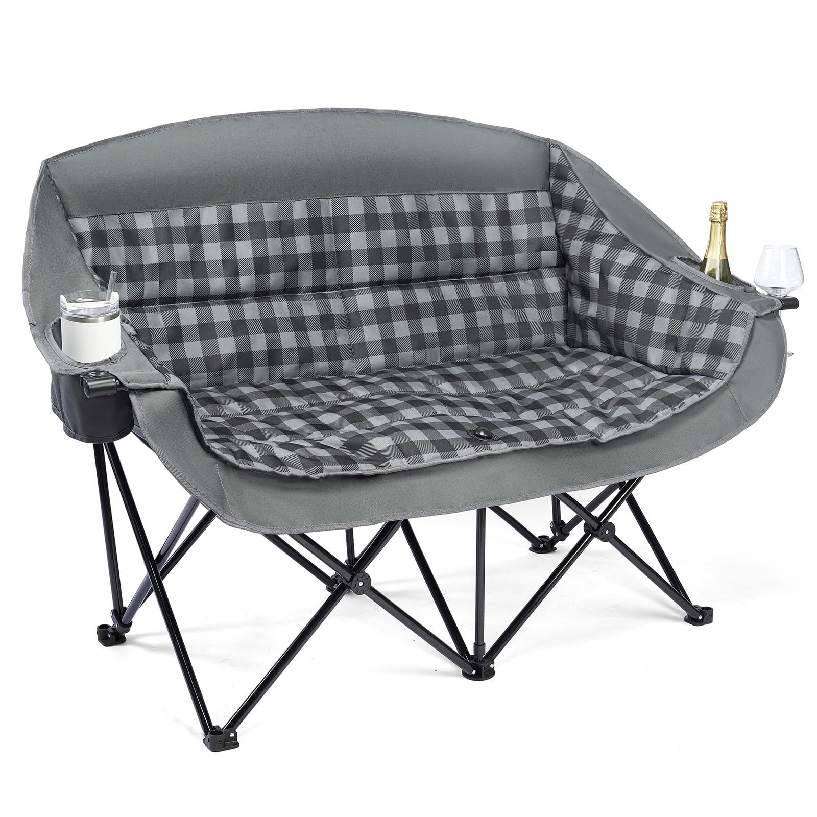 Double Camping Chair Loveseat -2 Person Oversized Padded Outdoor Camp Couch | Heavy Duty Foldable Outside Sports Lawn Beach Portable Large Chairs with Cup Holders and Carry Bag Support 600lbs,Grey